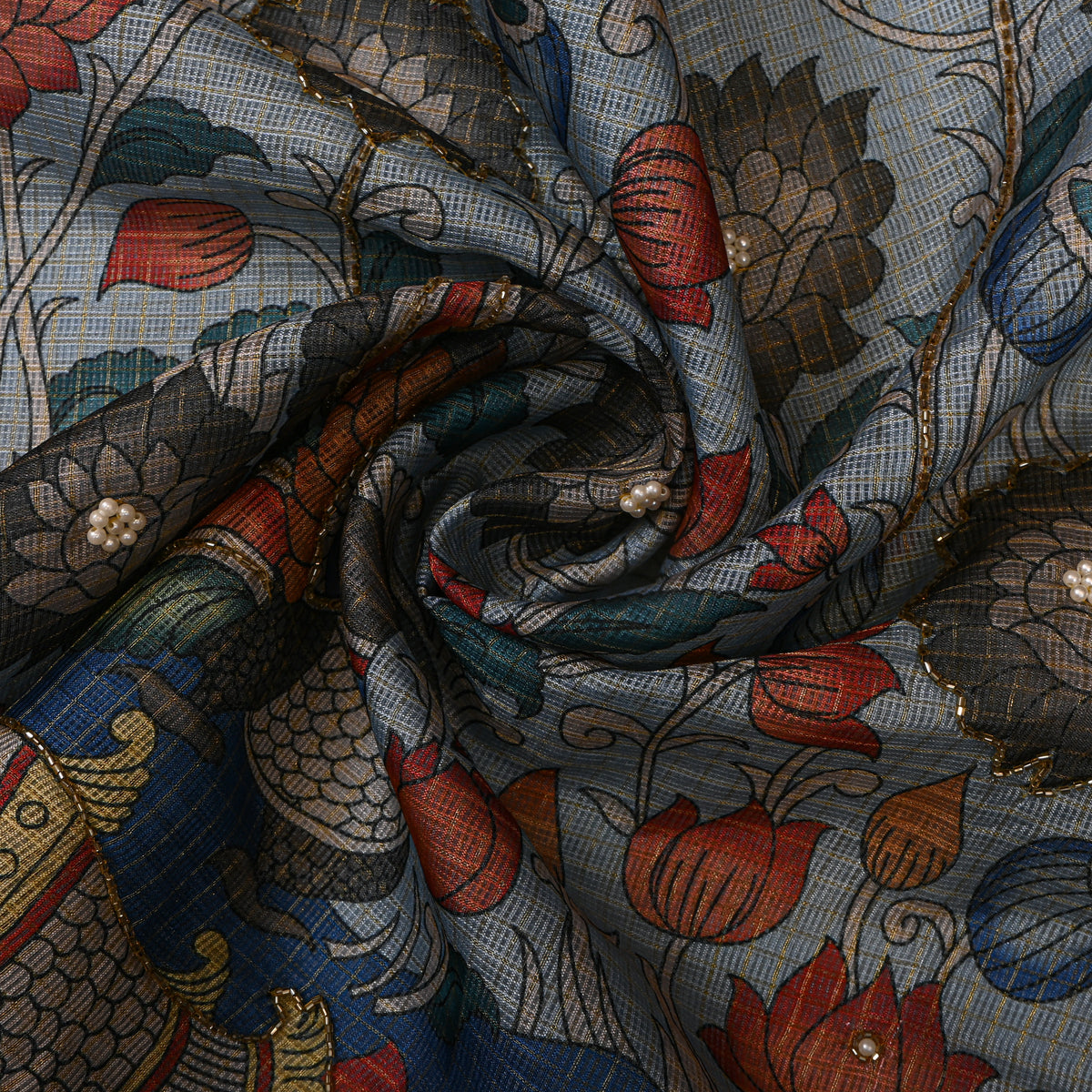Chambray Floral Bird Print Embroidered Kota Doria Fabric