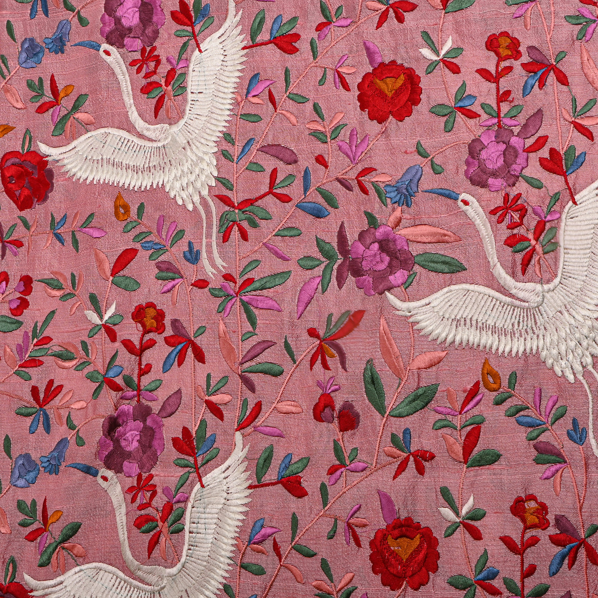 Bright Pink Raw Silk With Bird Motif Thread Work