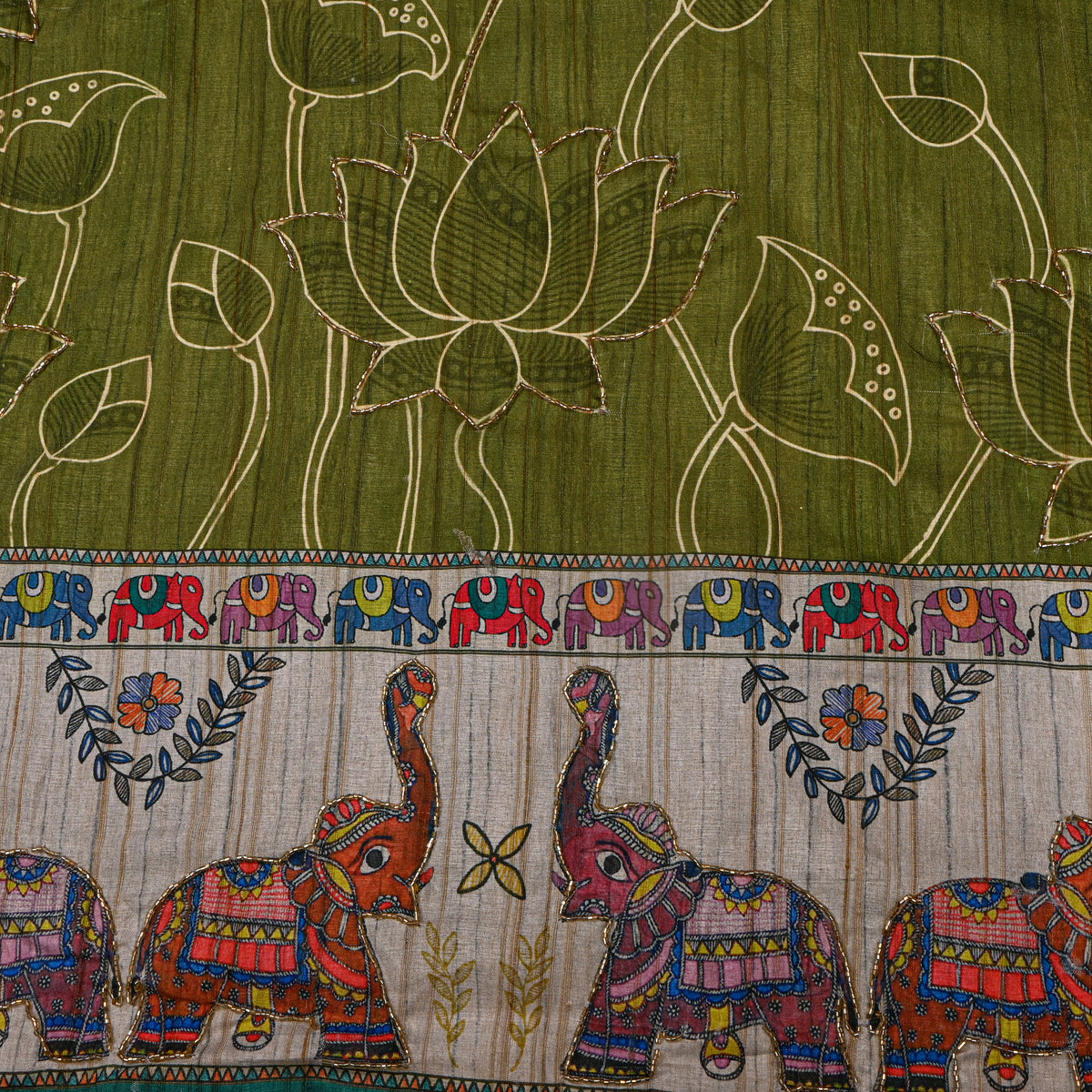 Olive Green Lotus Elephant Border Print Dupion Silk Fabric