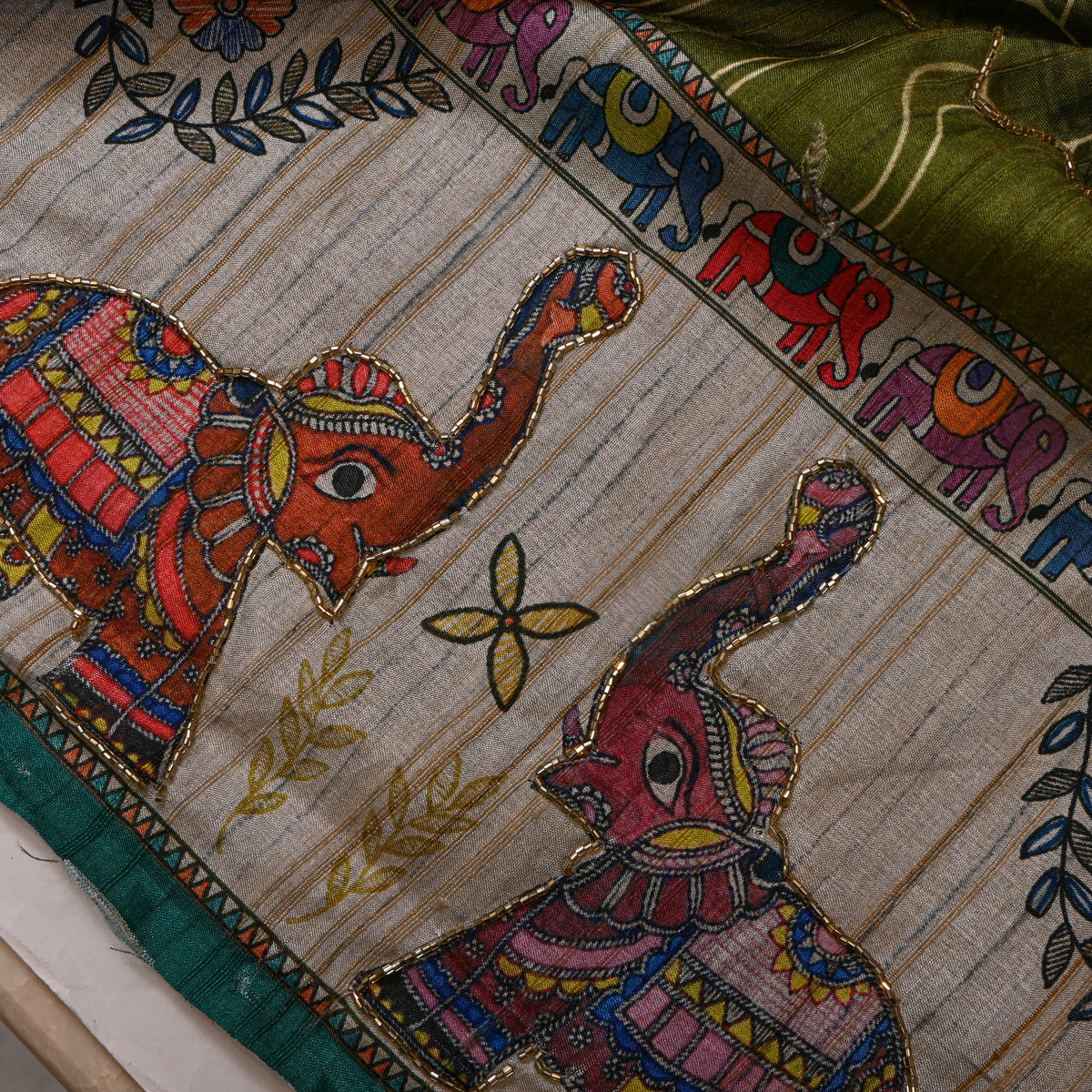 Olive Green Lotus Elephant Border Print Dupion Silk Fabric
