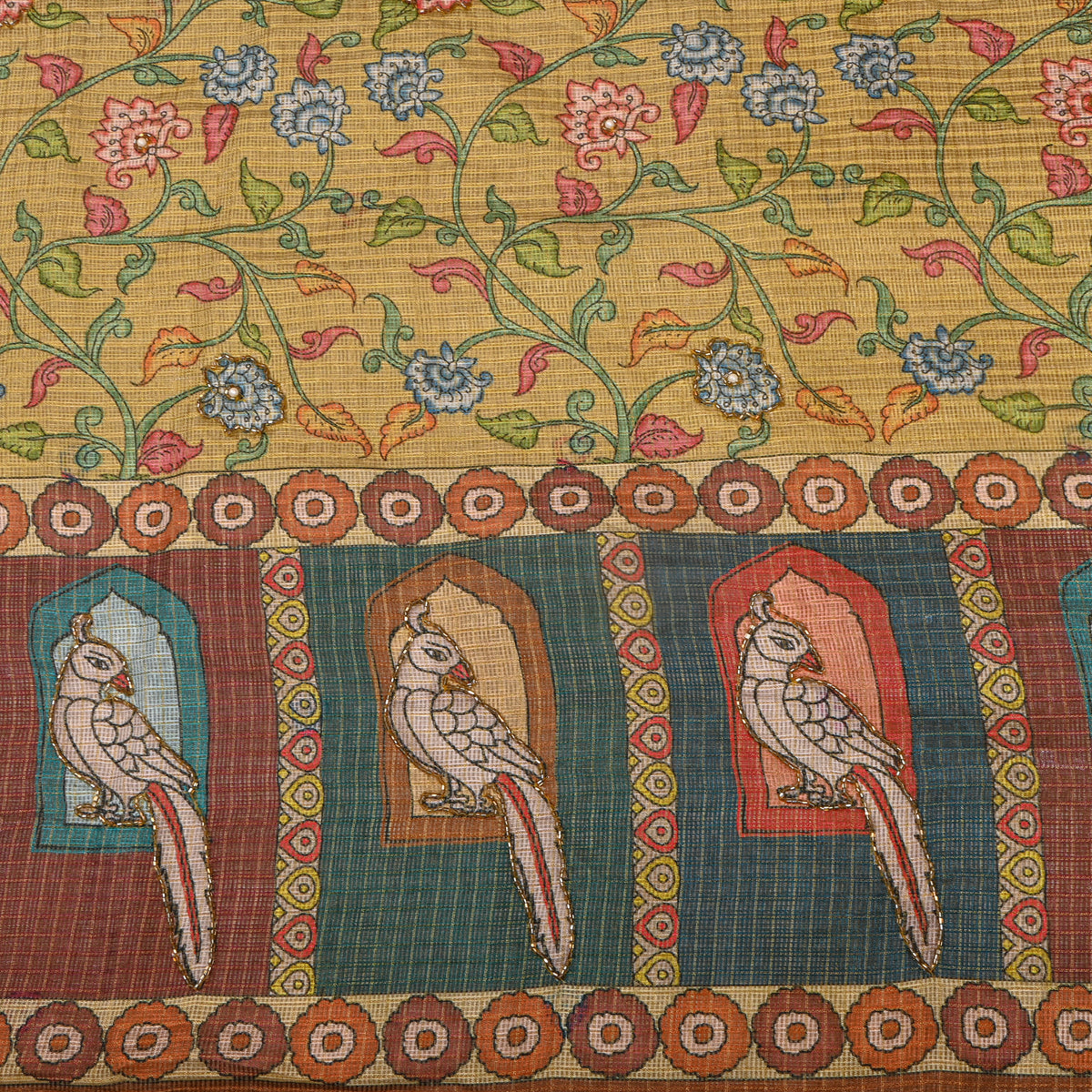 Mustard Floral Vine Parrot Print Embroidered Kota Doria Fabric
