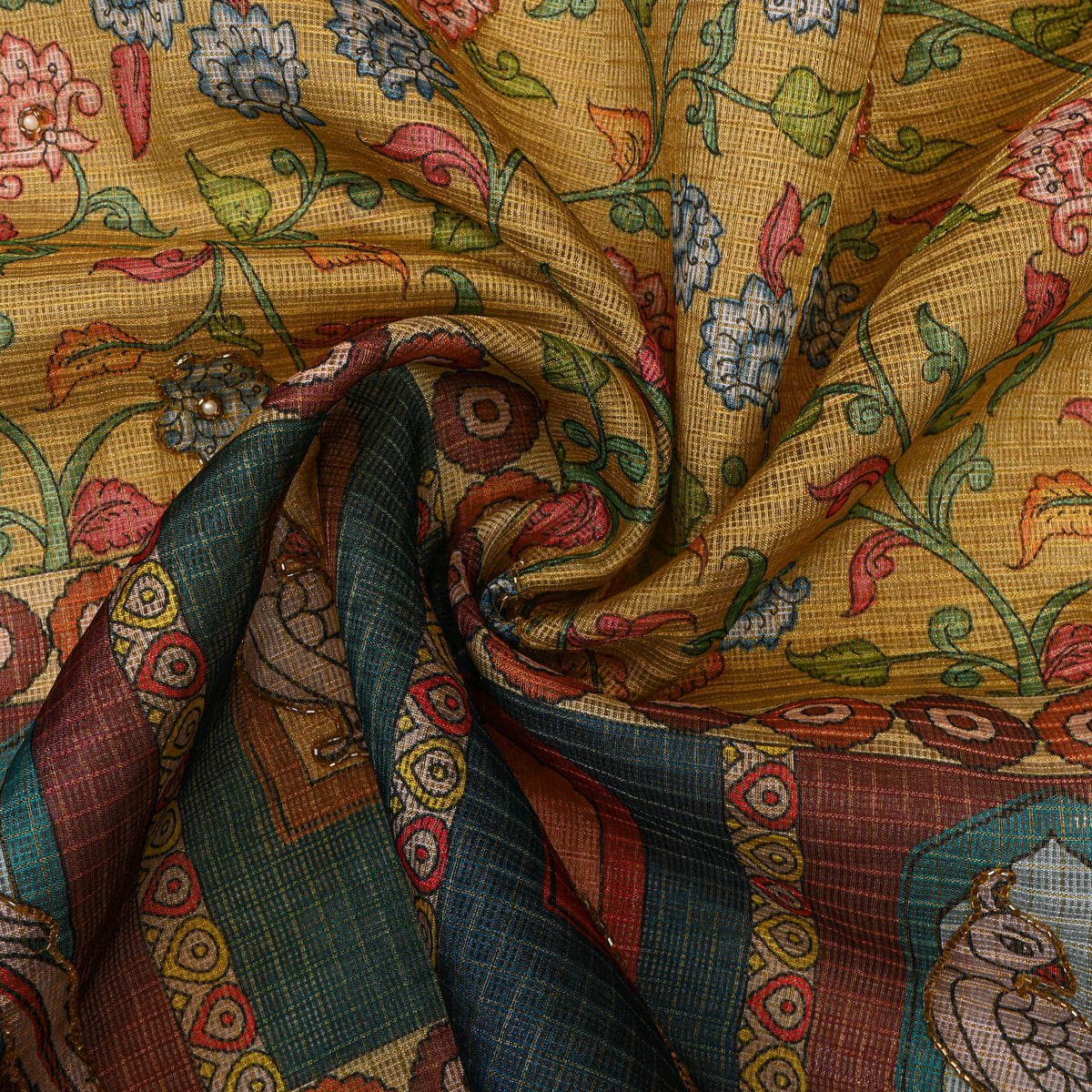 Mustard Floral Vine Parrot Print Embroidered Kota Doria Fabric