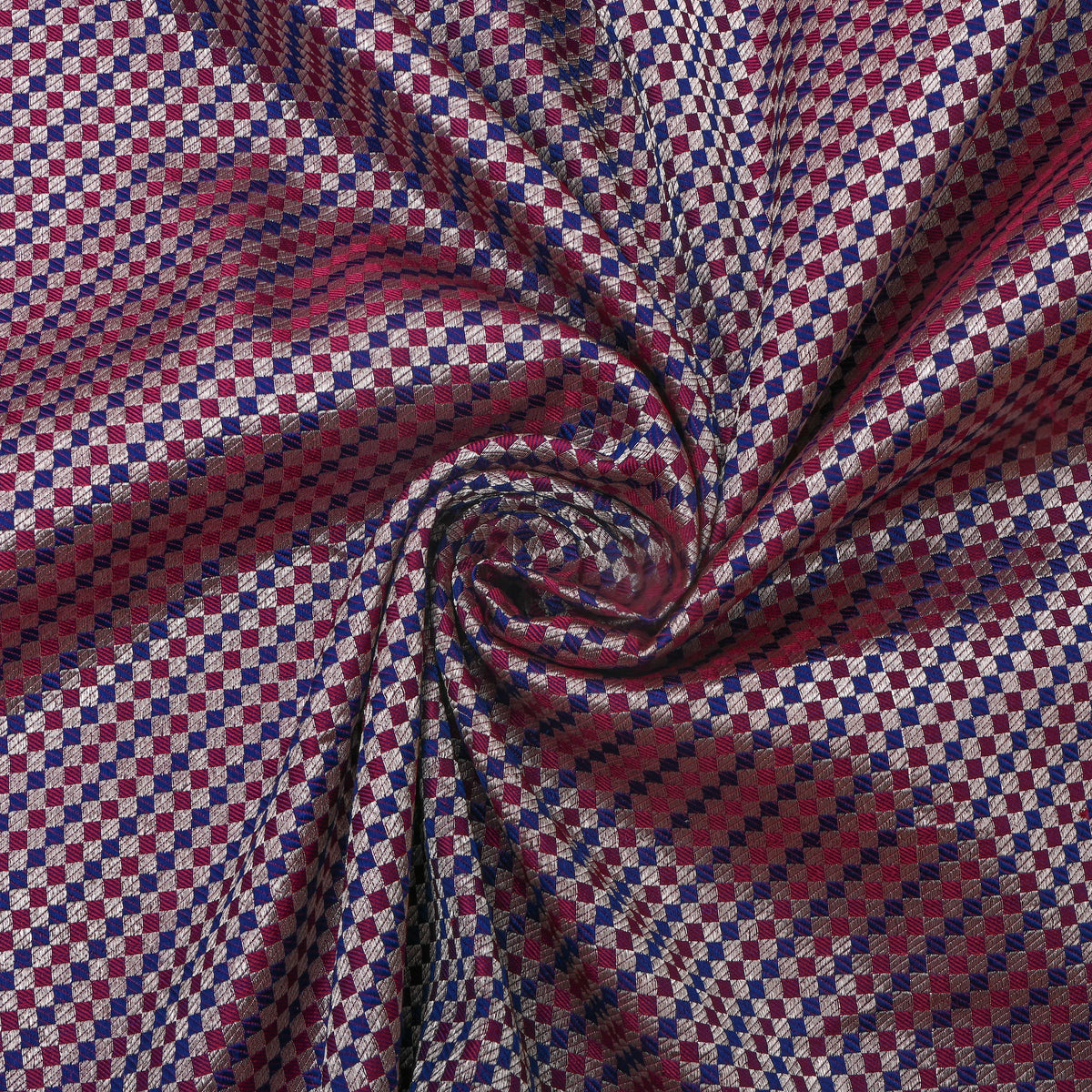 Wine Maroon And Blue Checked Jamawar Silk Fabric