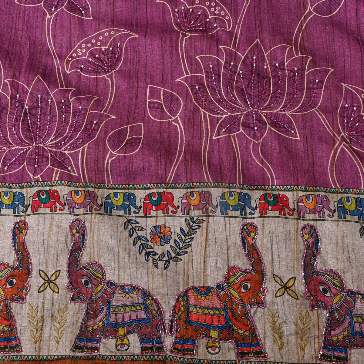 Mulberry Purple Lotus Elephant Border Print Dupion Silk Fabric
