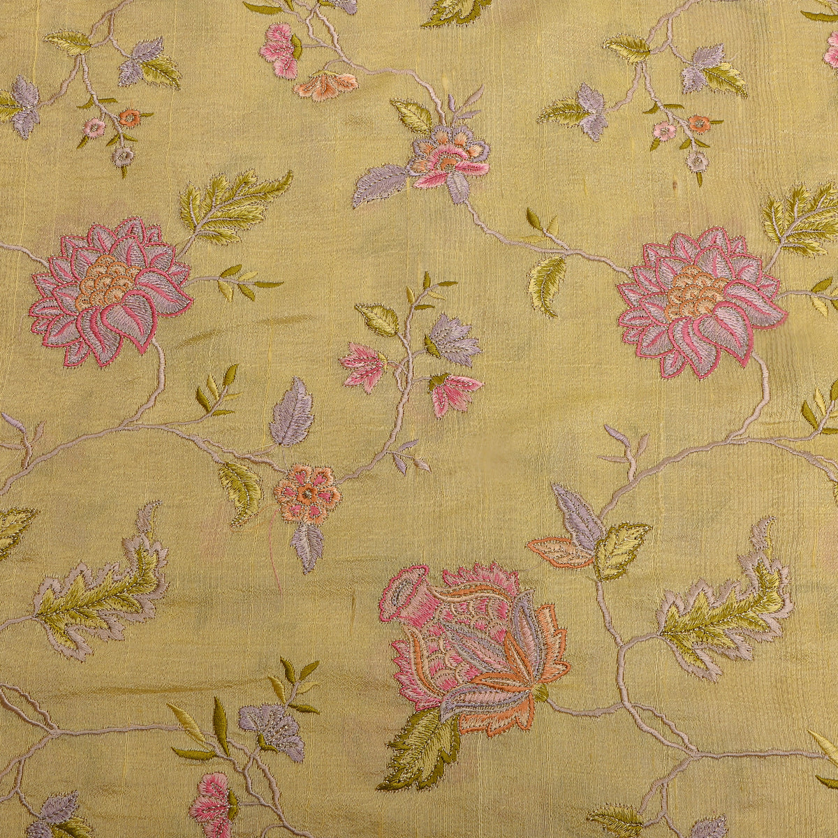 Y Ellow Floral Jaal Thread Work Raw Silk Fabric