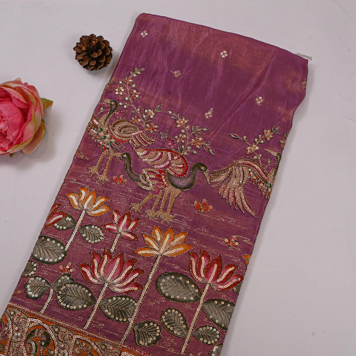 Aubergine Peacock Lotus Pond Sequin Embroidery Tissue Fabric