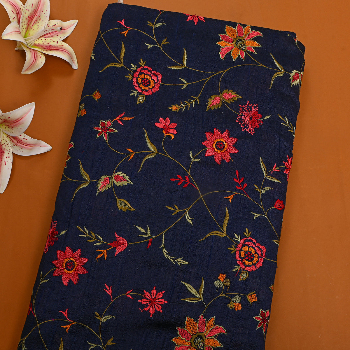 Dark Navy Blue Floral Jaal Raw Silk Fabric