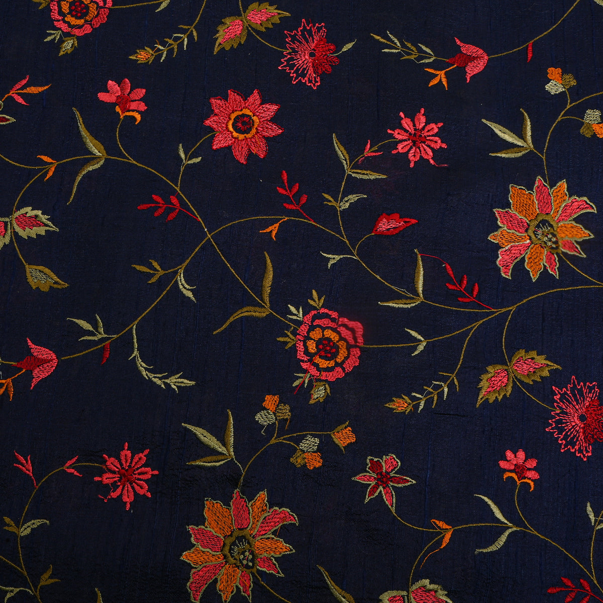Dark Navy Blue Floral Jaal Raw Silk Fabric