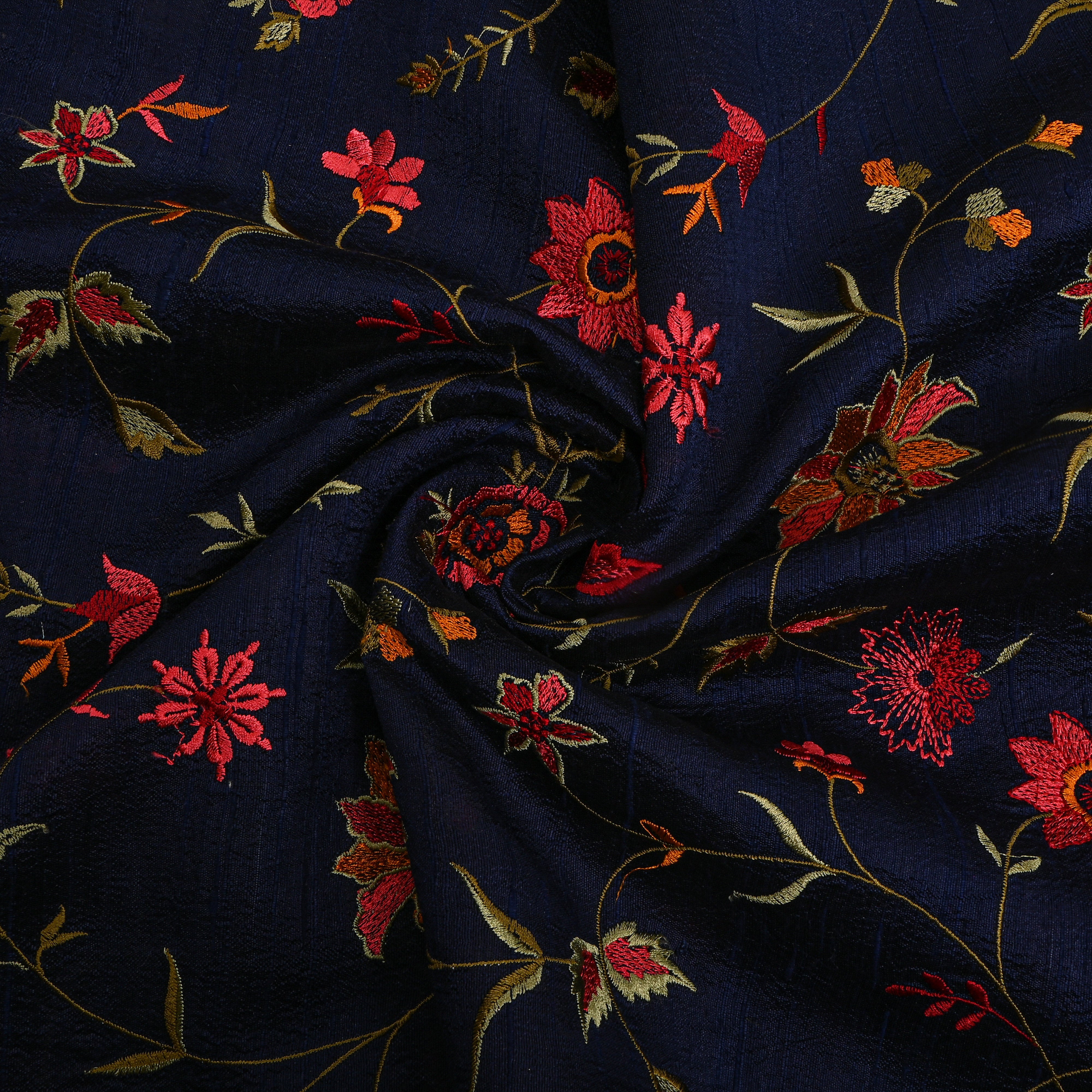 Dark Navy Blue Floral Jaal Raw Silk Fabric