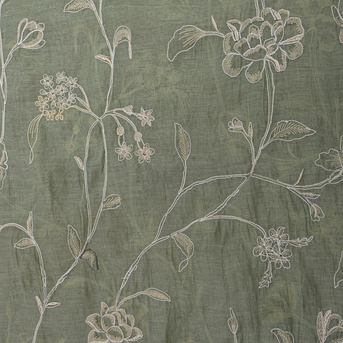 Pastel Green Thread Work Floral Jaal Embroidery Chanderi Fabric