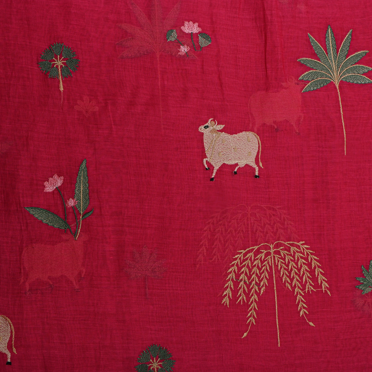 Fuchsia Pink Thread Work Animal Motif Chanderi Fabric