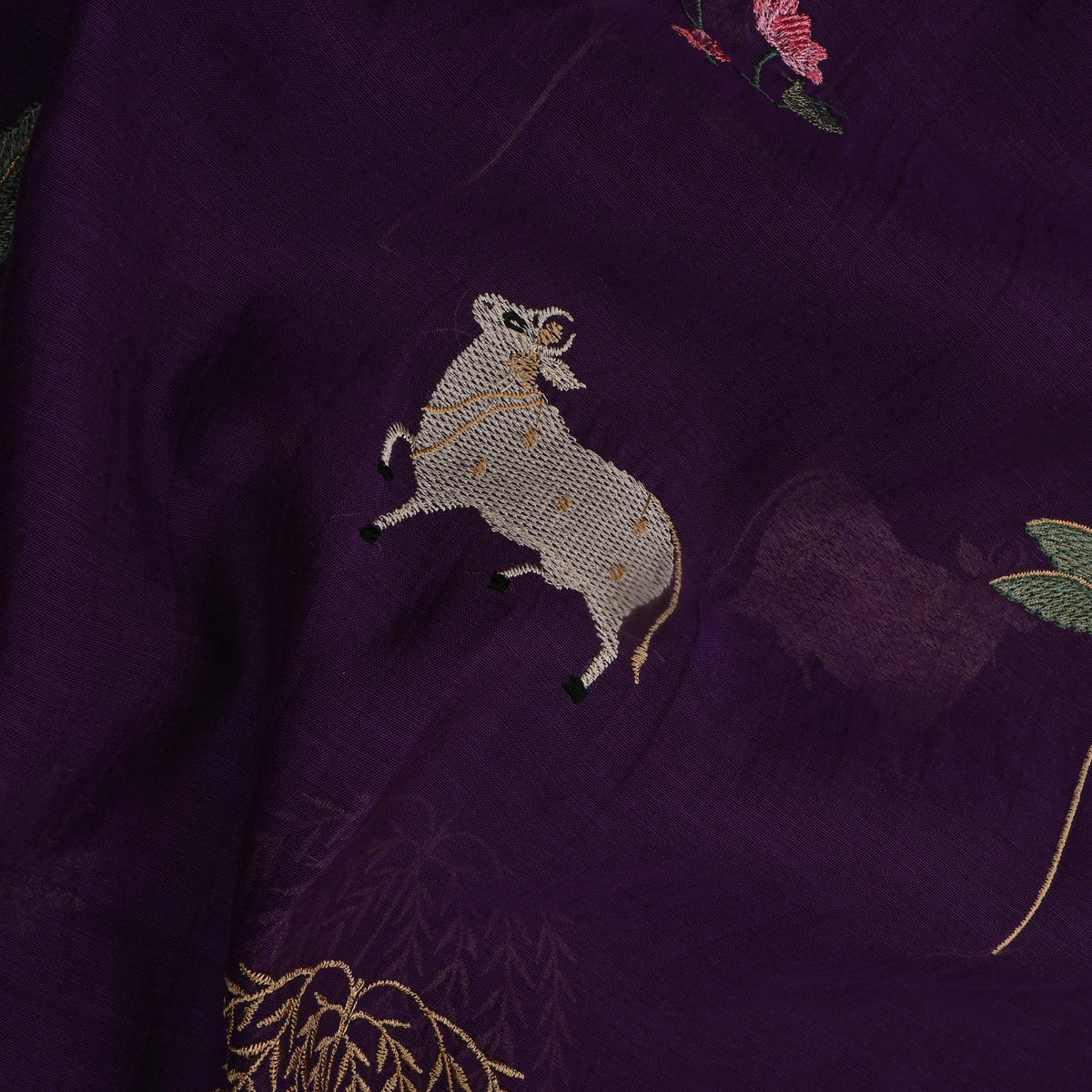 Amethyst Purple Thread Work Animal Motif Chanderi Fabric