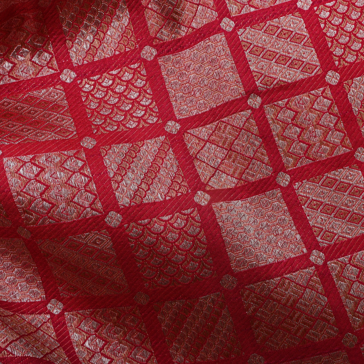 Scarlet Red Gold Zari Geometric Check Jamawar Silk Fabric