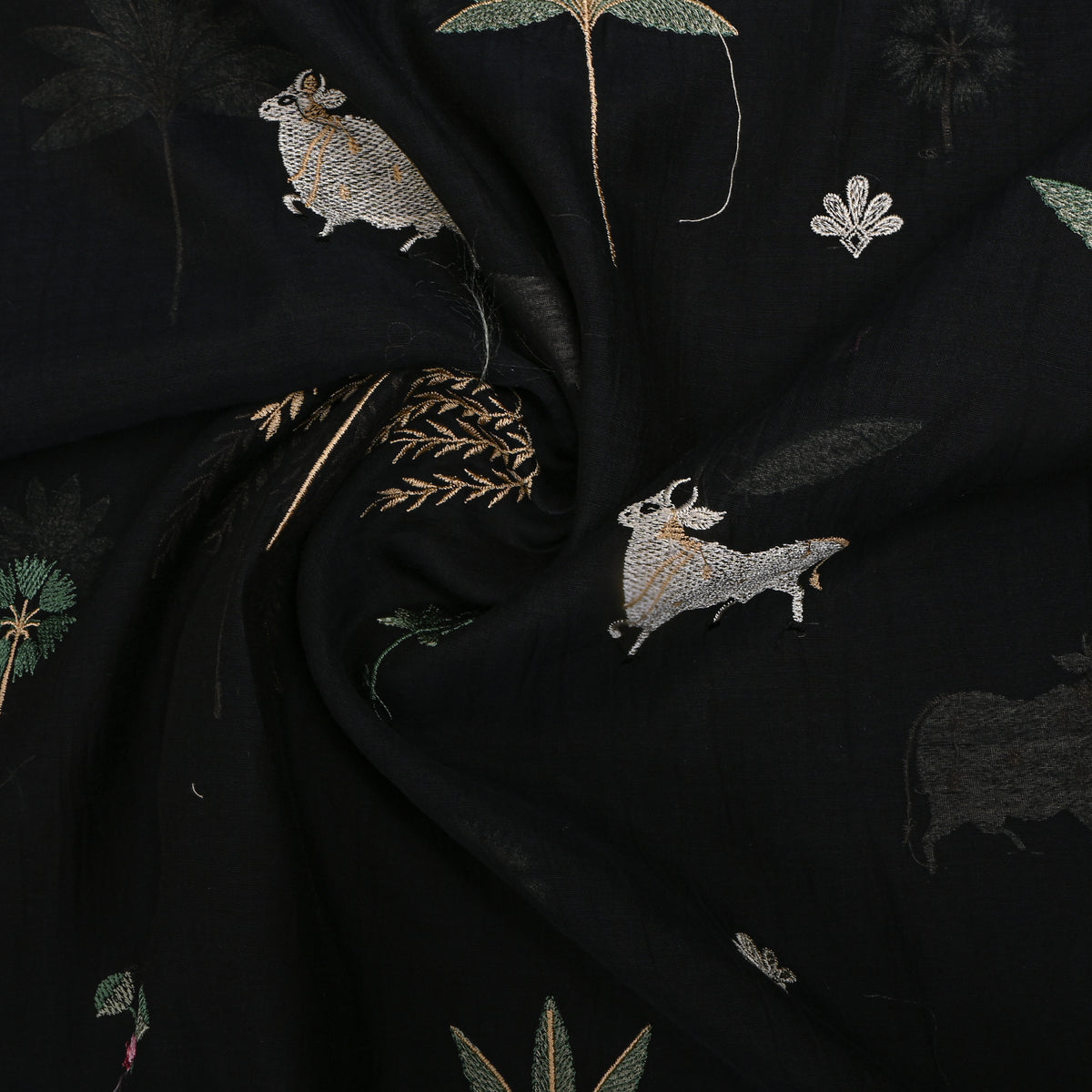 Jet Black Thread Work Animal Motif Chanderi Fabric