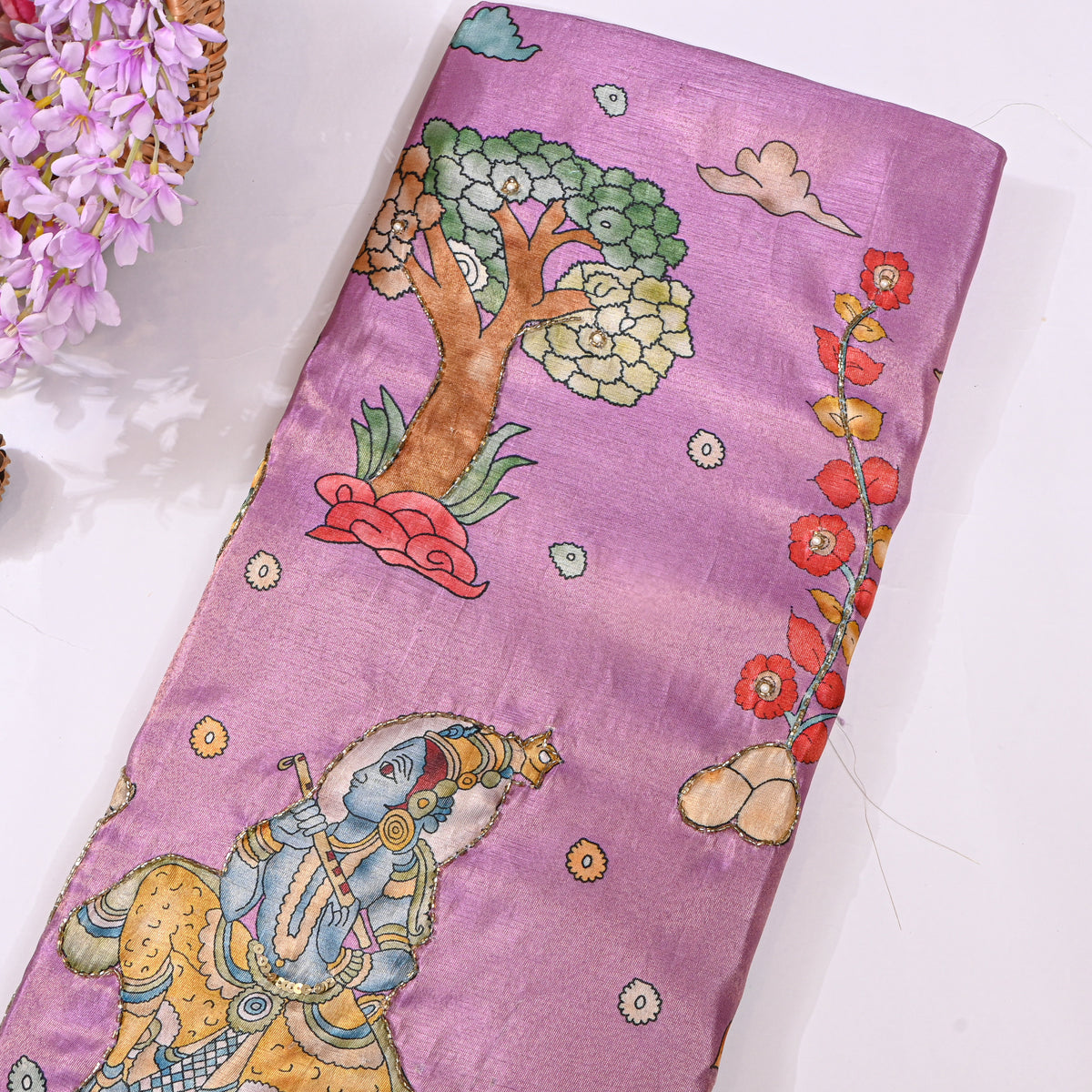 Orchid Purple Kalamkari Pen Bead Work Tissue Fabric