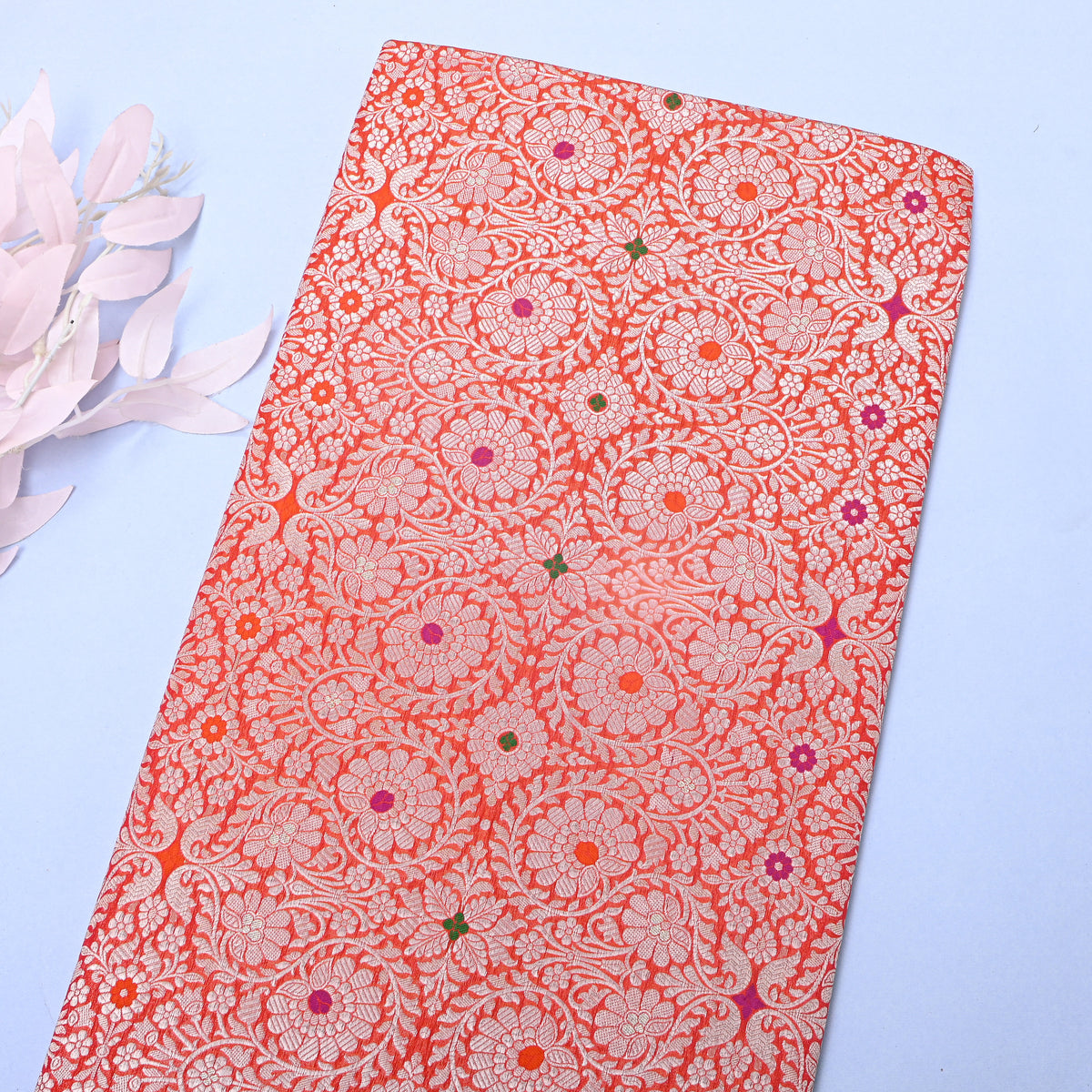 Tangerine Dual Tone Zari Meenakari Floral Weave Jamawar Silk Fabric
