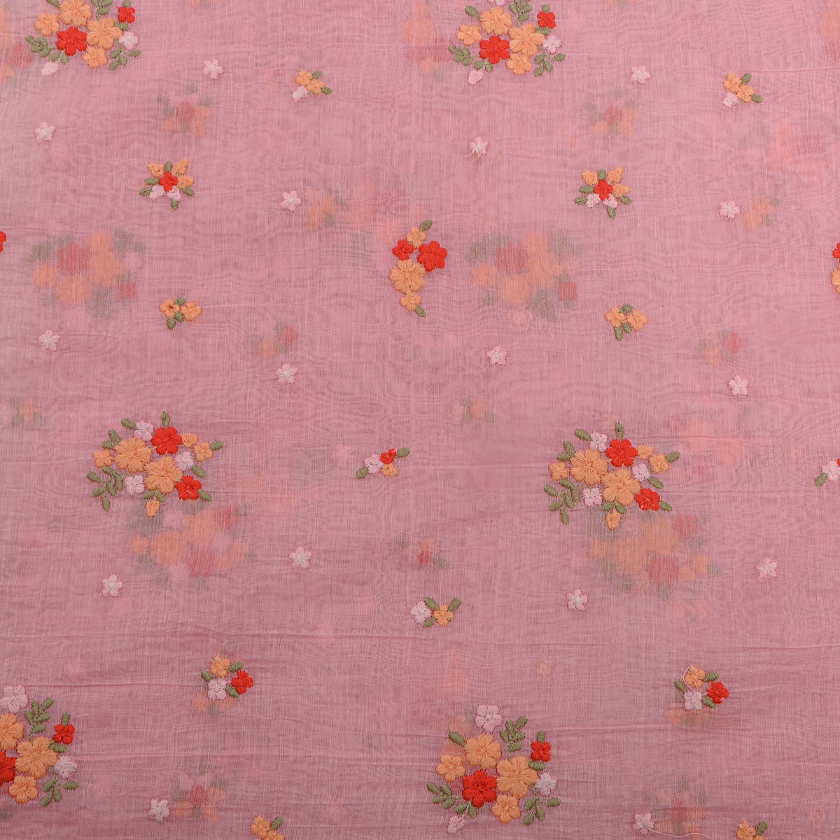 Pastel Pink With Coral Thread Work Butti Mul Chanderi Fabric