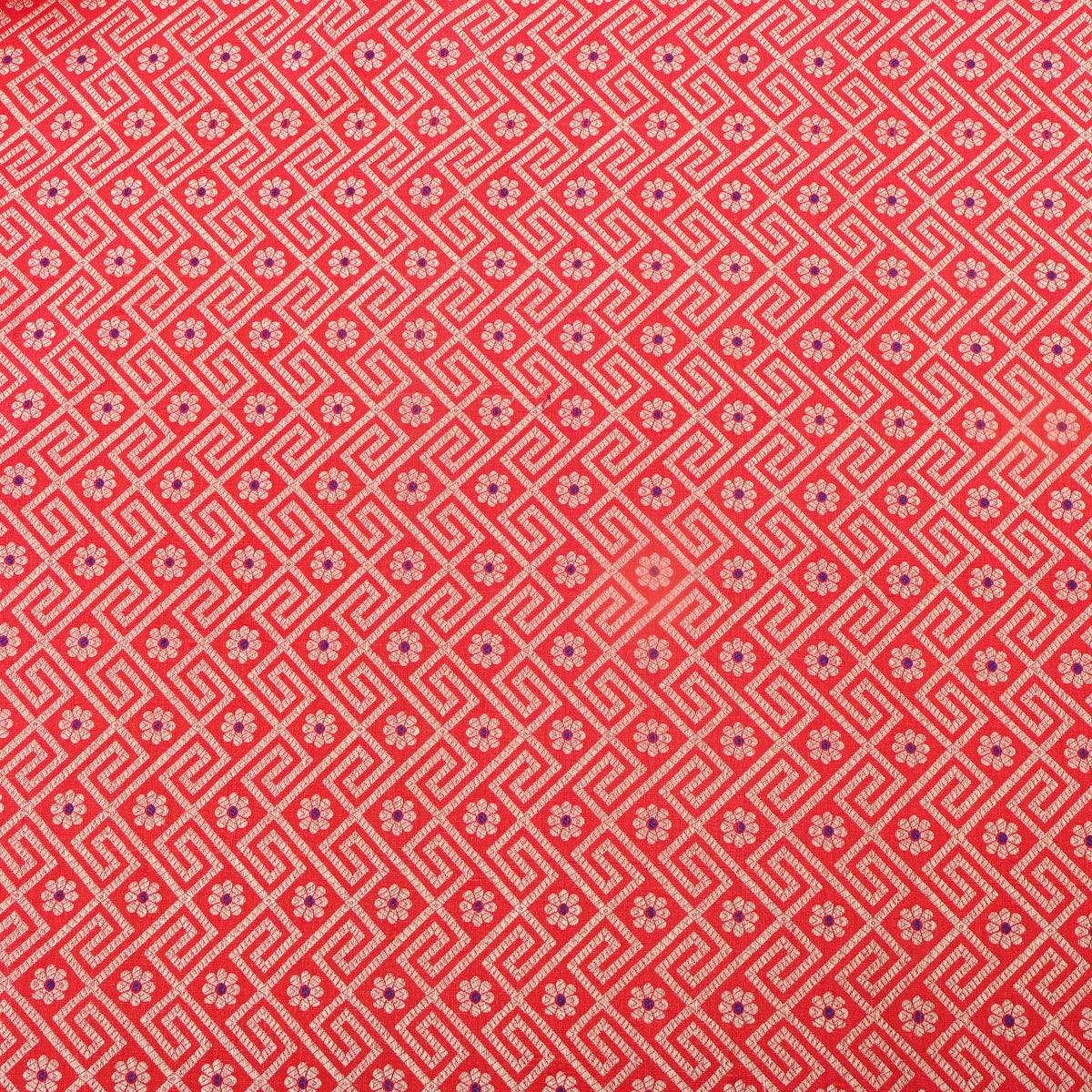 Bright Orange Gold Zari Geometric Motif Jamawar Silk Fabric