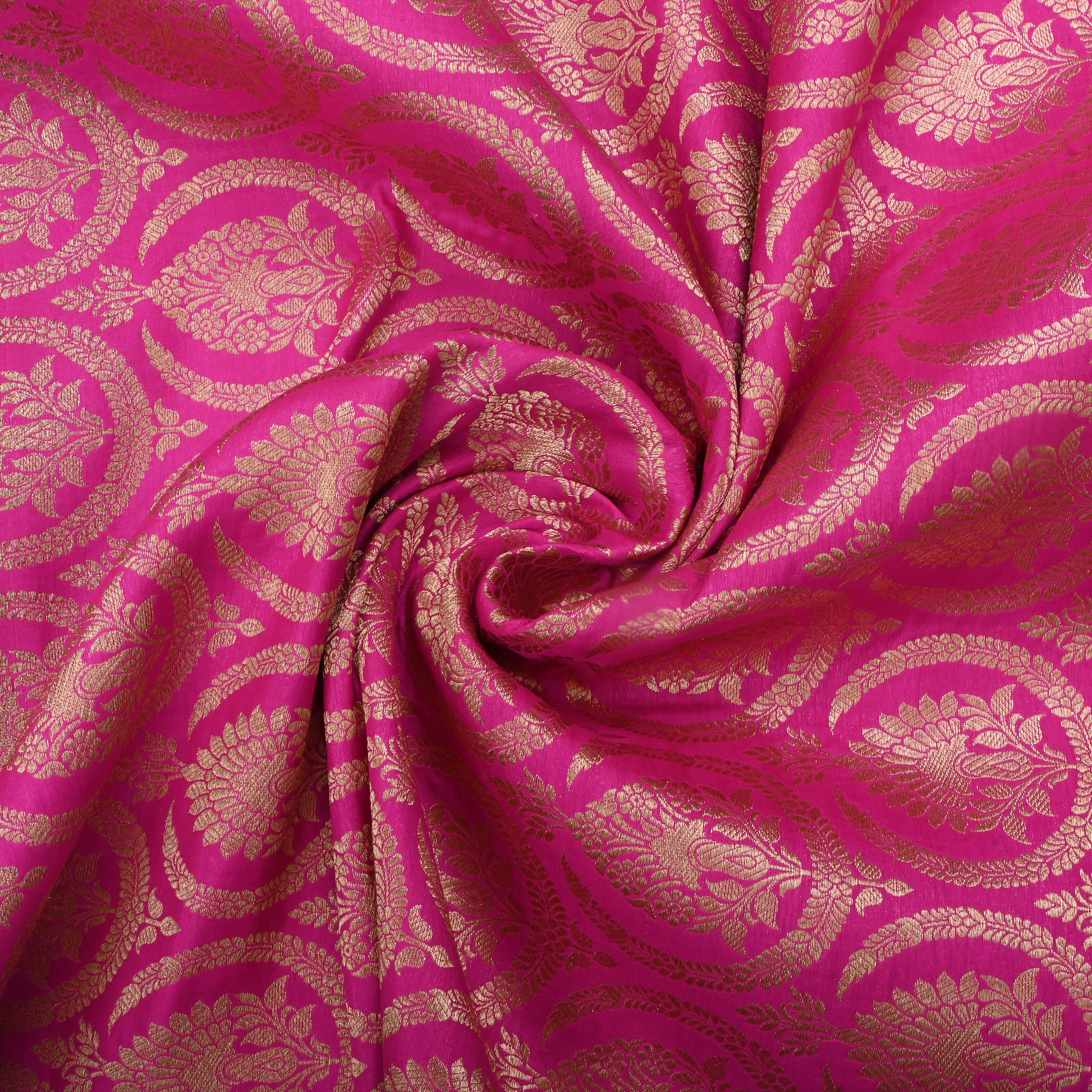 Vivid Cerise Pink Jamawar Silk Fabric With Geometrical Figures