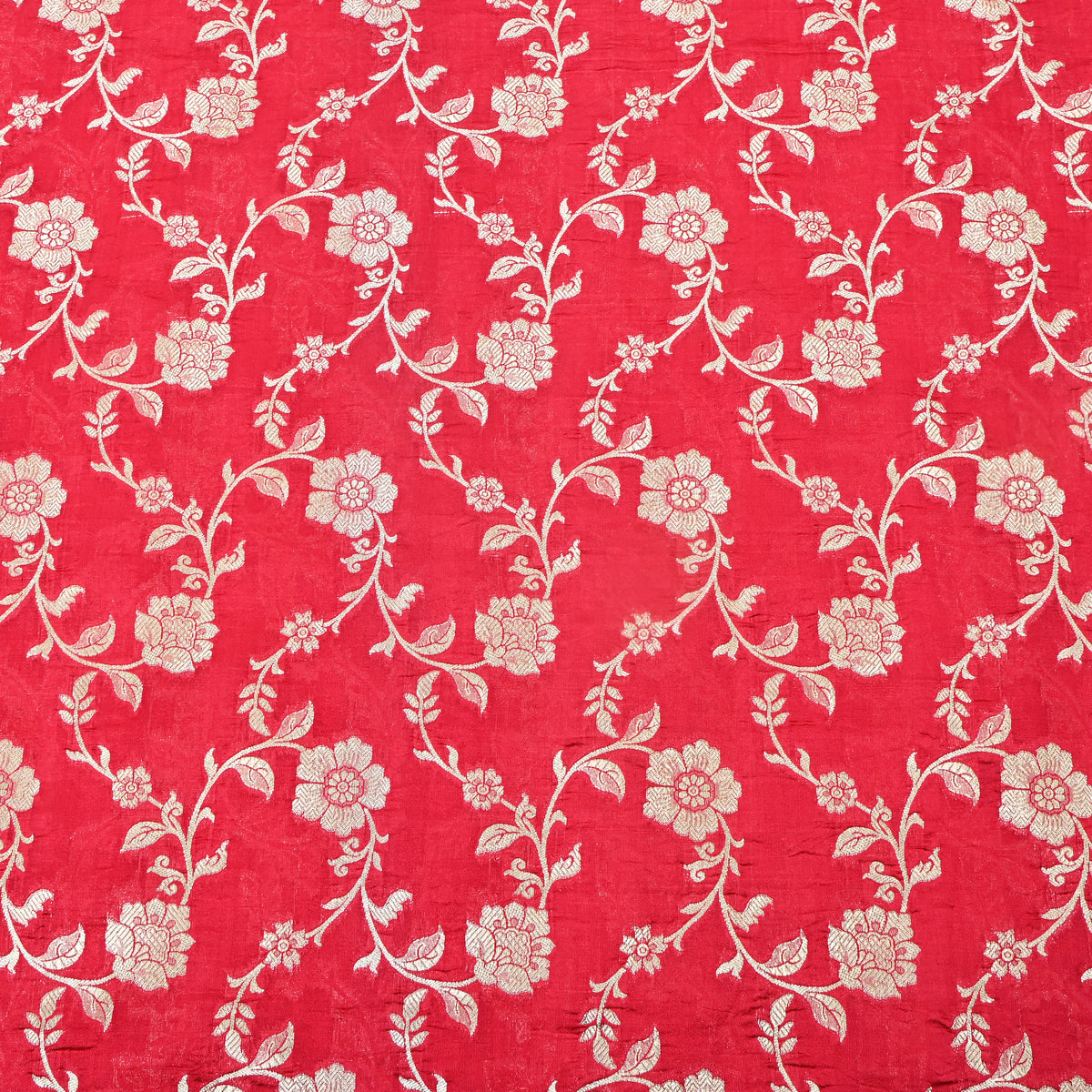 Red Gold Zari Floral Jaal Banarasi Silk Fabric