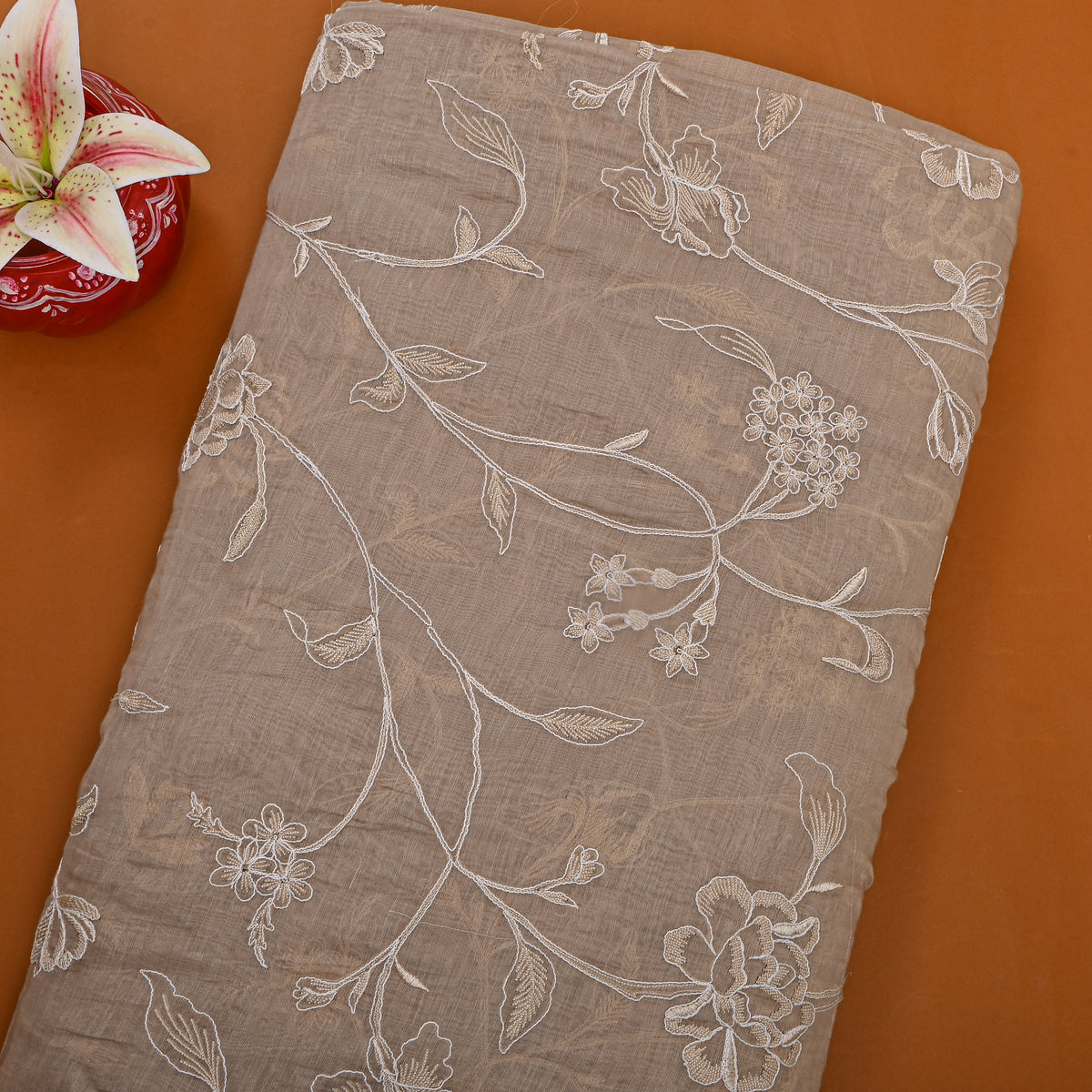 Light Beige Thread Work Floral Jaal Embroidery Chanderi Fabric