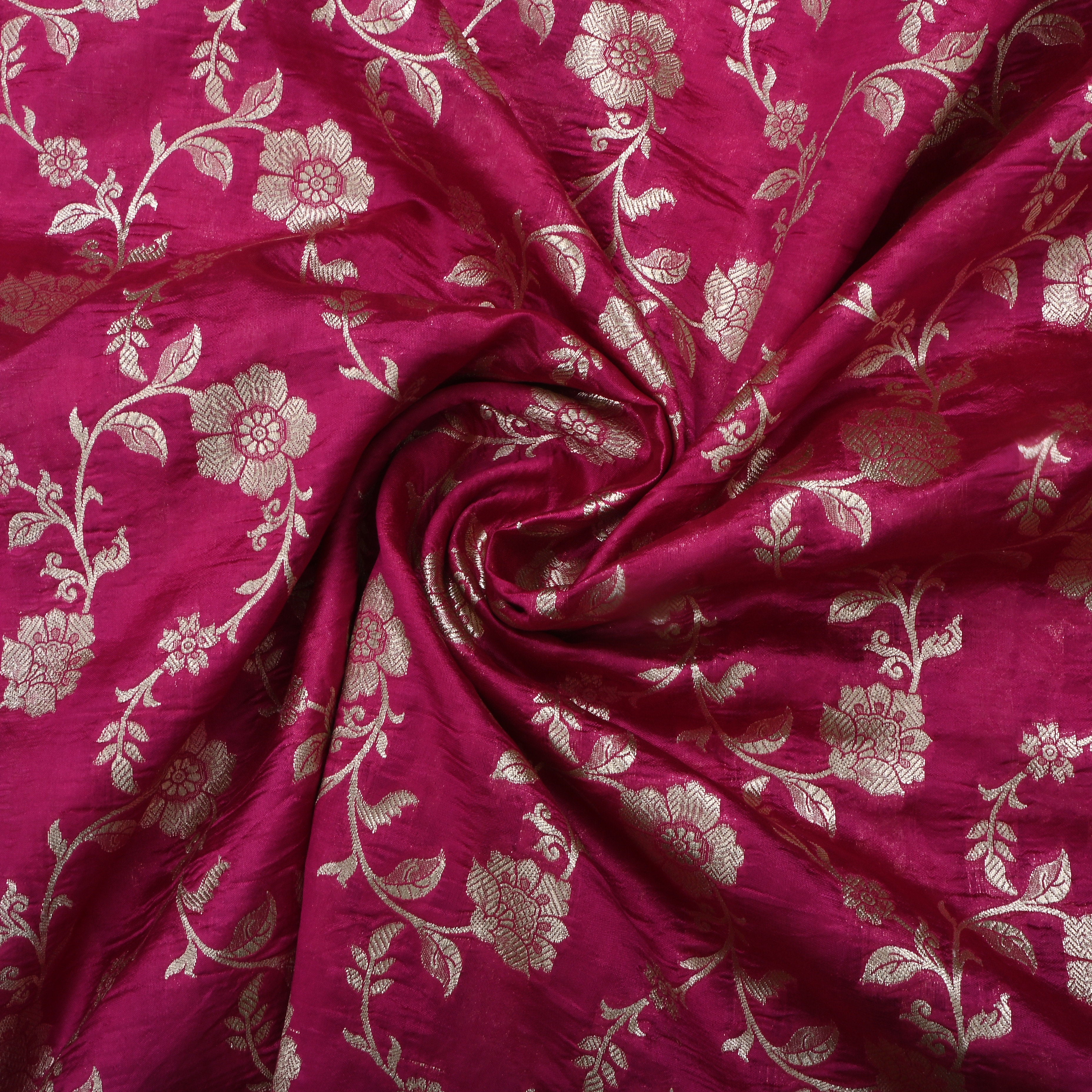 Burnt Pink Jamawar Silk Fabric With Floral Jaal