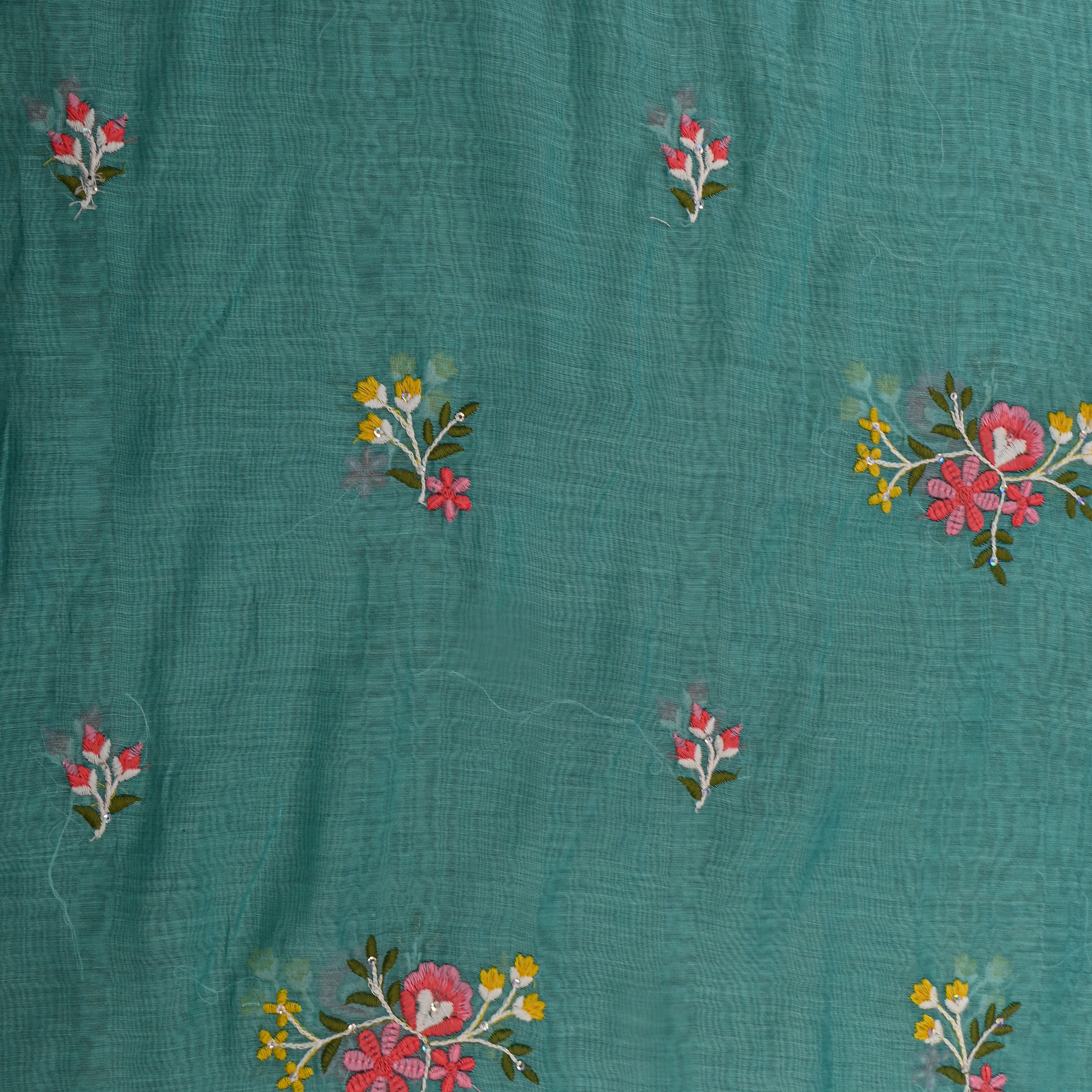 Bright Green Chanderi With Floral Butti