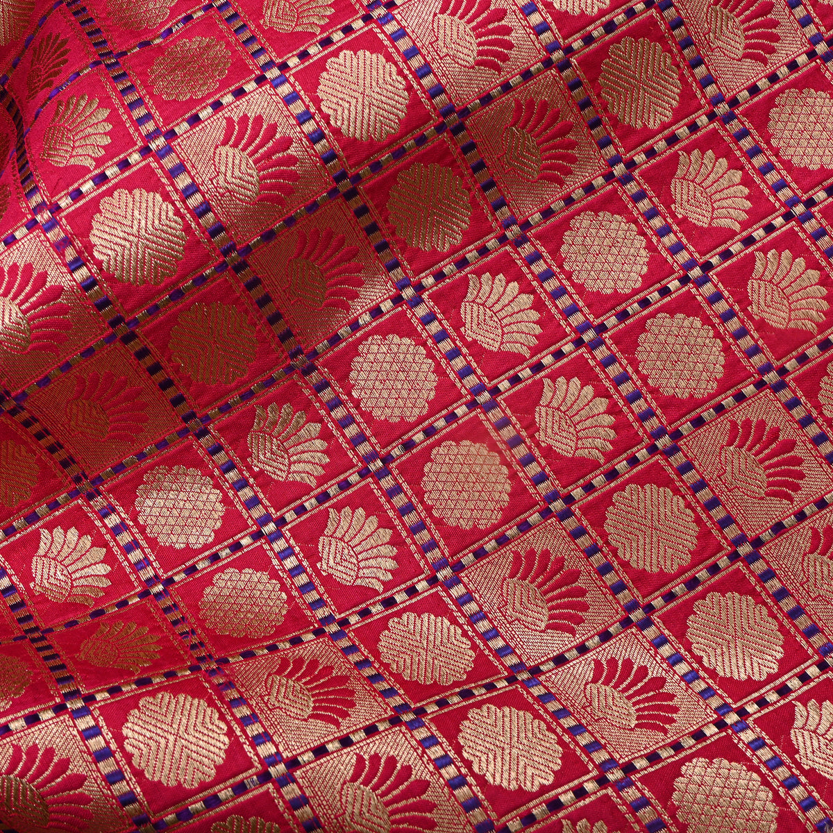 Ruby Red Gold Zari Butti Checks Self Weave Jamawar Silk Fabric