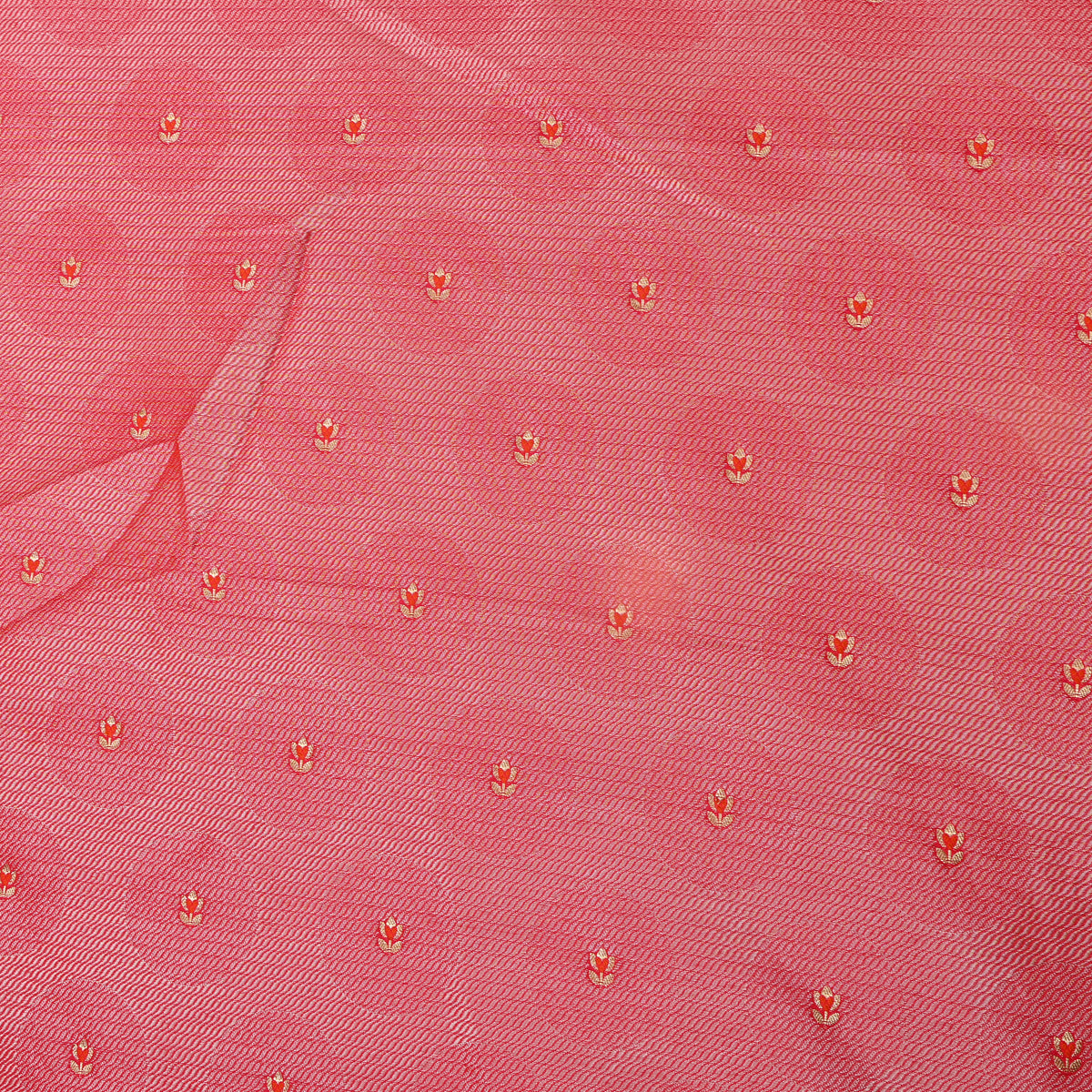 Salmon Pink Gold Tulip Butti Self Weave Banarasi Silk Fabric
