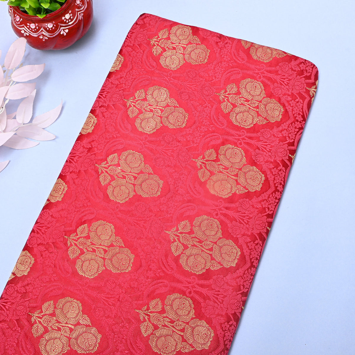 Deep Red Rose Trellis Self Weave Jamawar Silk Fabric