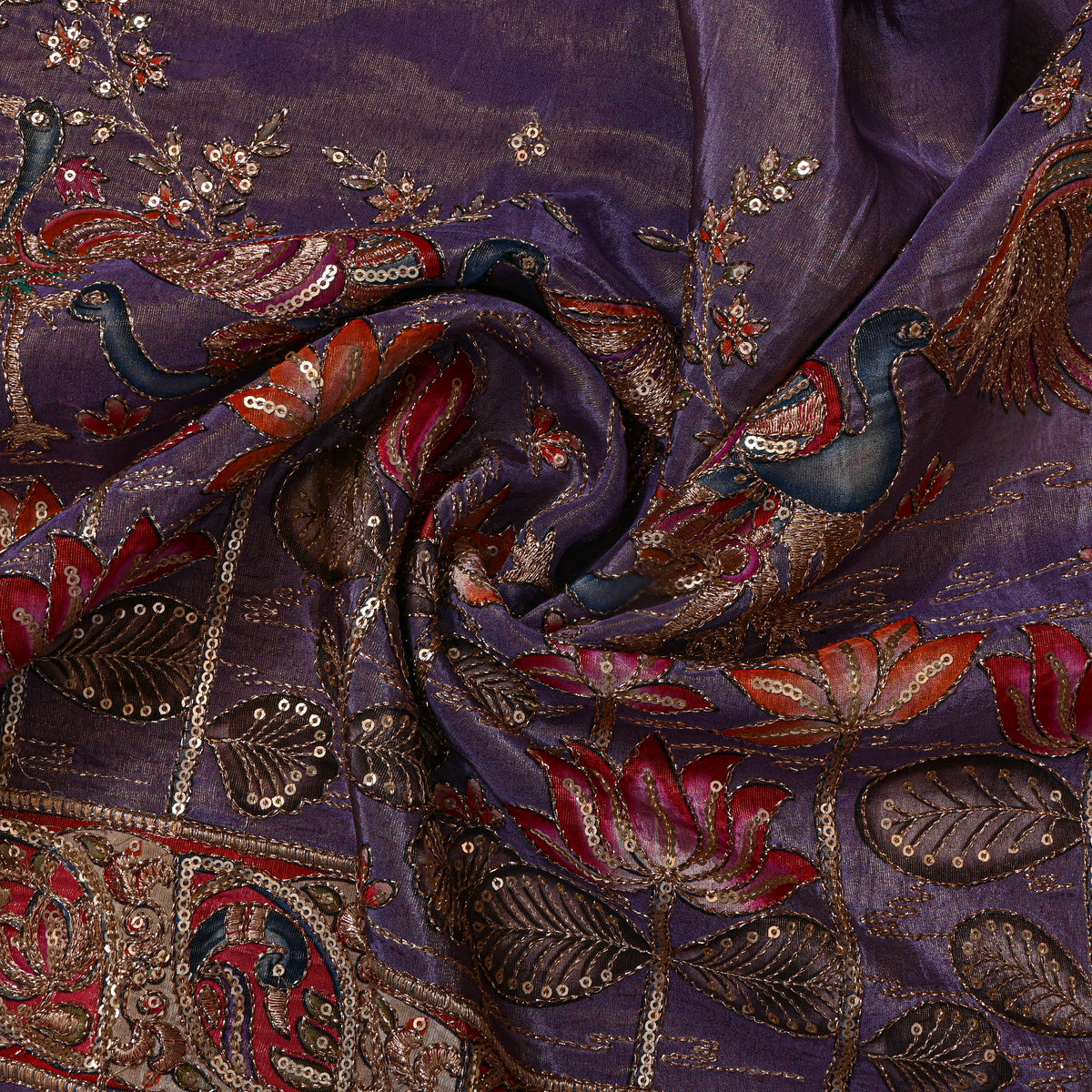 Iris Violet Lotus And Bird Sequin Embroidery Tissue Fabric