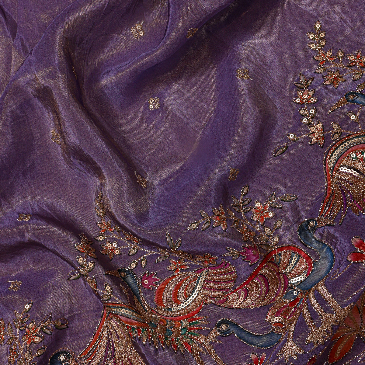 Iris Violet Lotus And Bird Sequin Embroidery Tissue Fabric