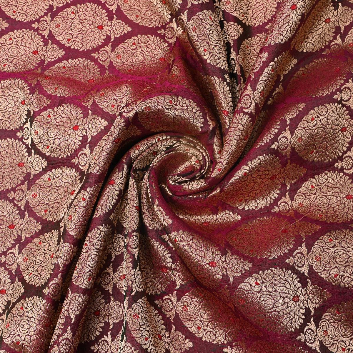 Deep Maroon Antique Gold Zari Brocade Jamawar Silk Fabric