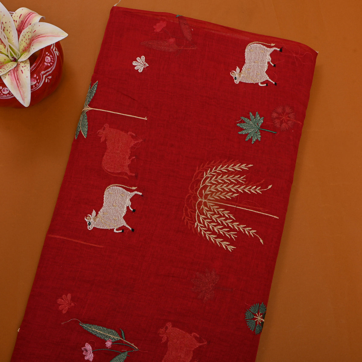 Cherry Red Thread Work Animal Motif Chanderi Fabric