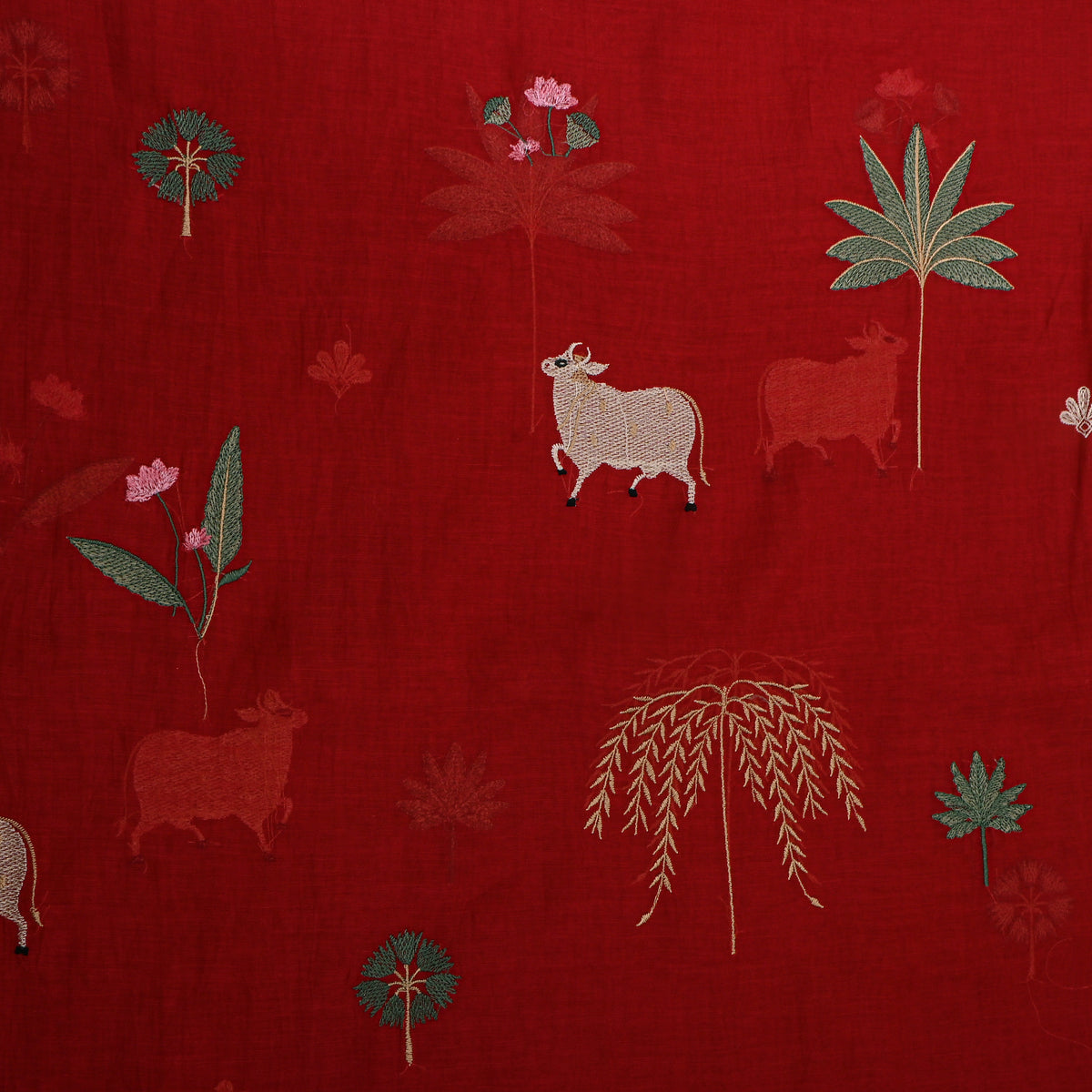 Cherry Red Thread Work Animal Motif Chanderi Fabric
