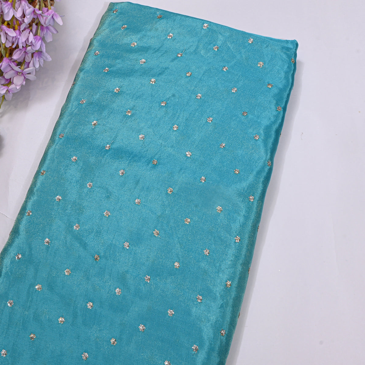 Turquoise Blue Silver Sequin Floral Butti Tissue Fabric