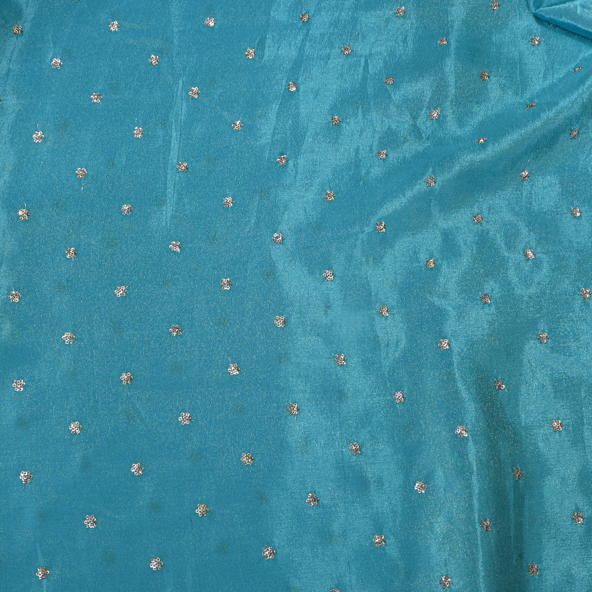 Turquoise Blue Silver Sequin Floral Butti Tissue Fabric
