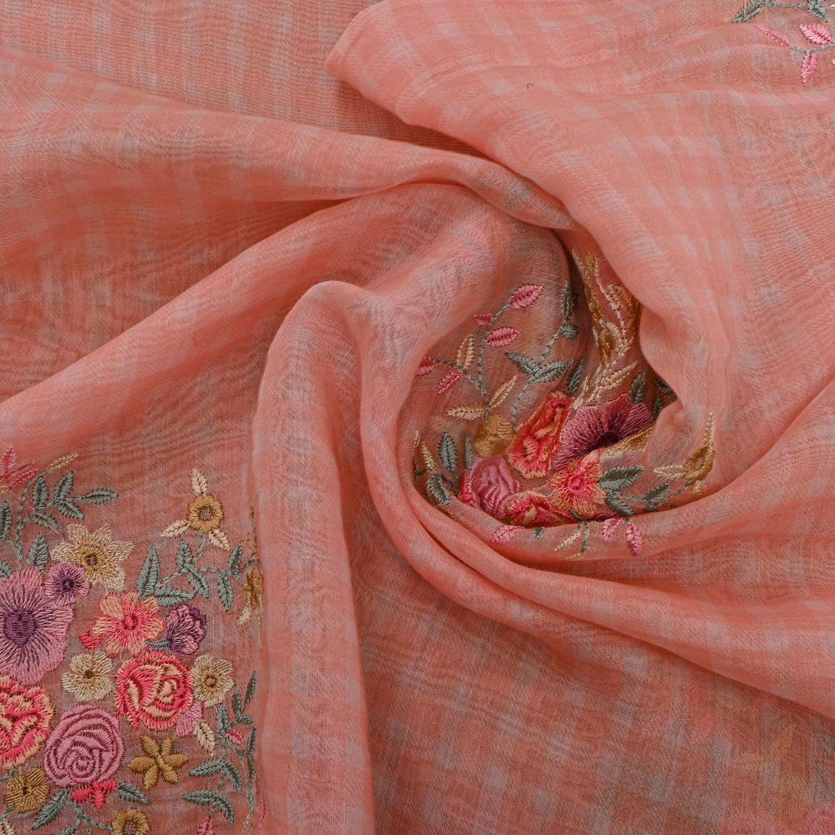 Blush Pink Thread Work Butti Chanderi Fabric