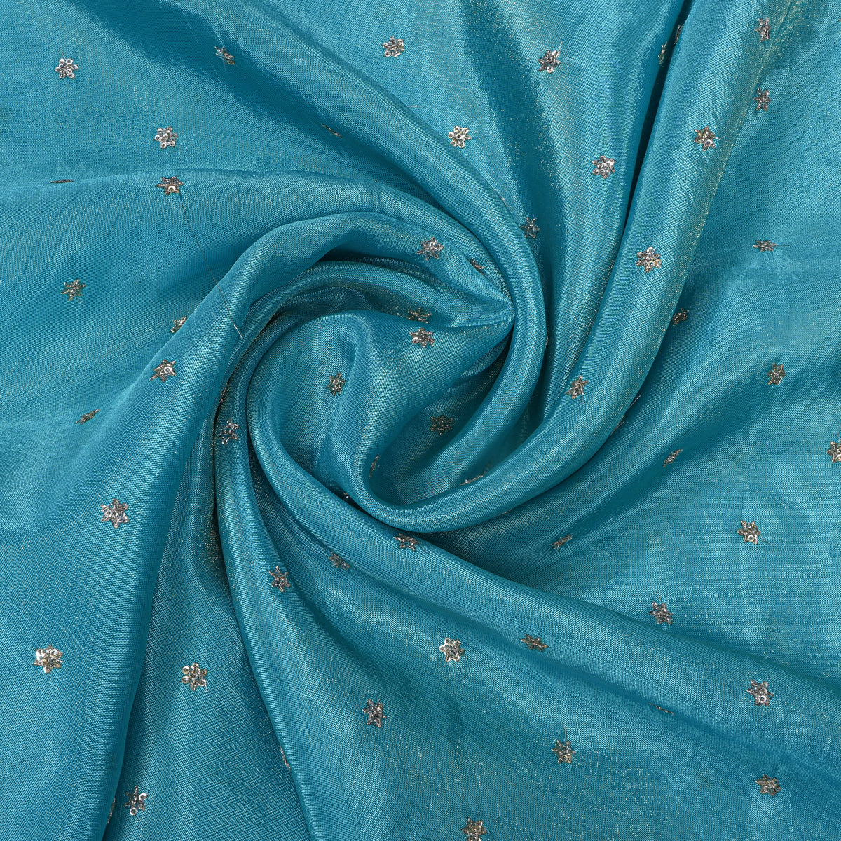Turquoise Blue Silver Sequin Floral Butti Tissue Fabric