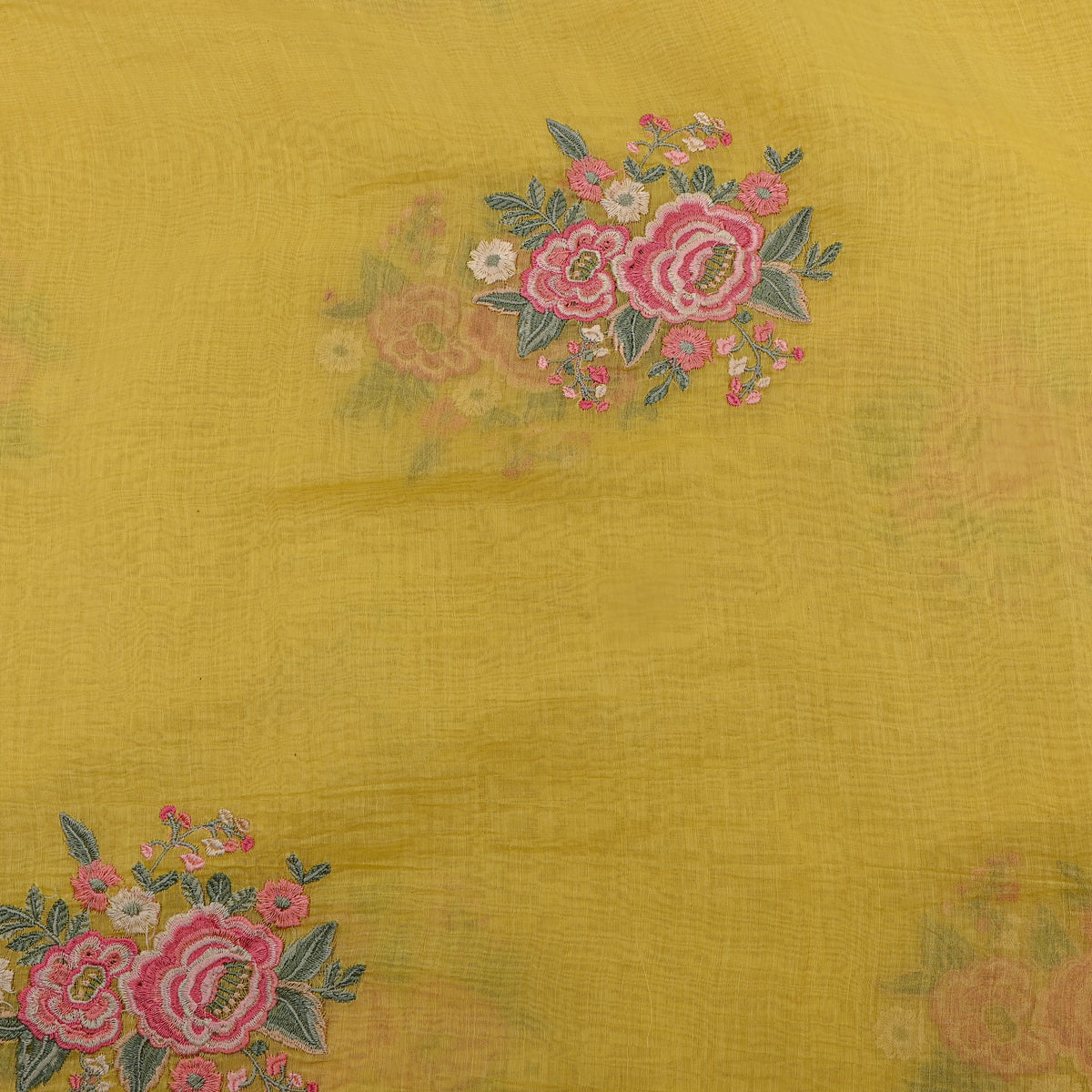 Sunny Yellow Thread Work Embroidery Mul Chanderi Fabric