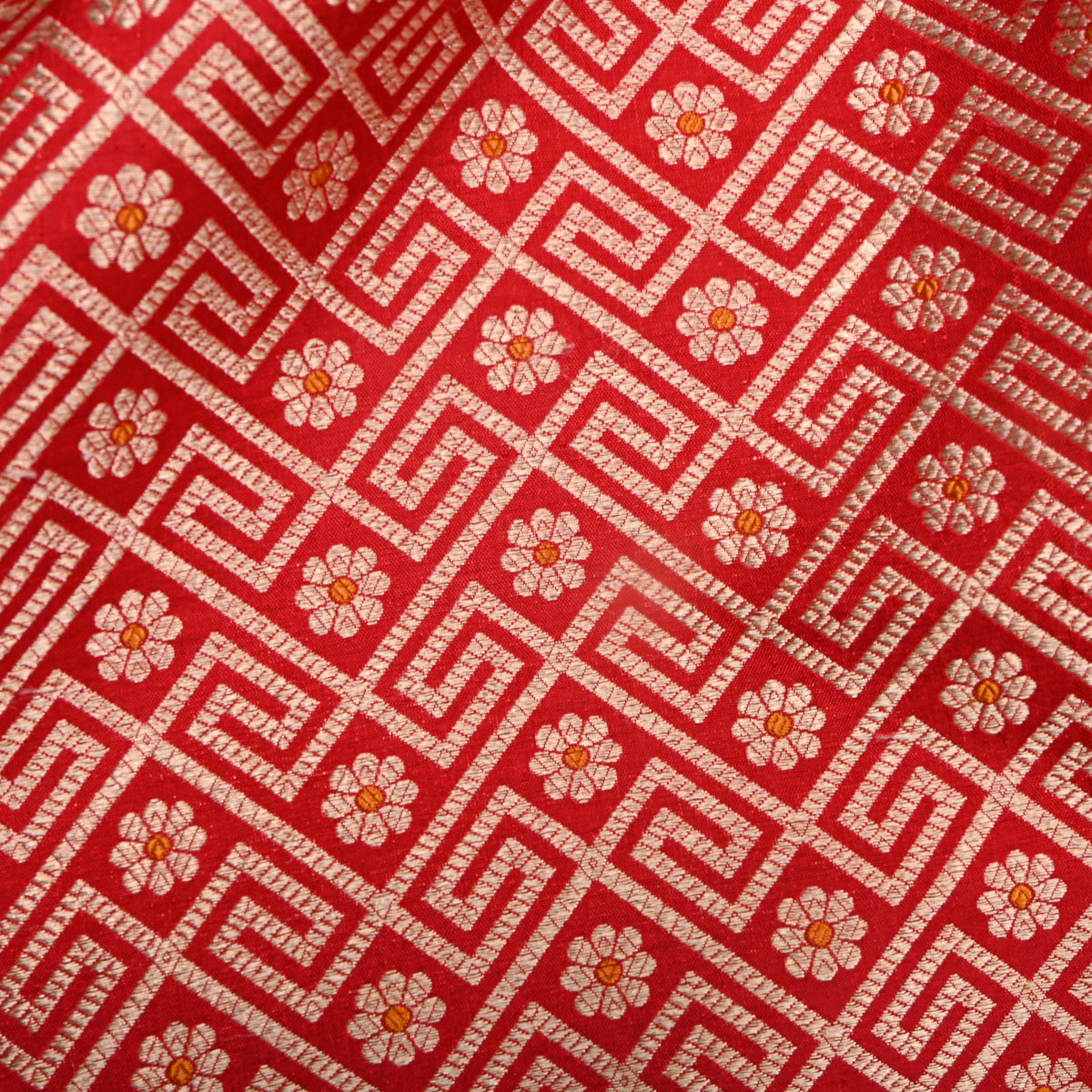 Tomato Red Gold Zari Geometric Motif Jamawar Silk Fabric