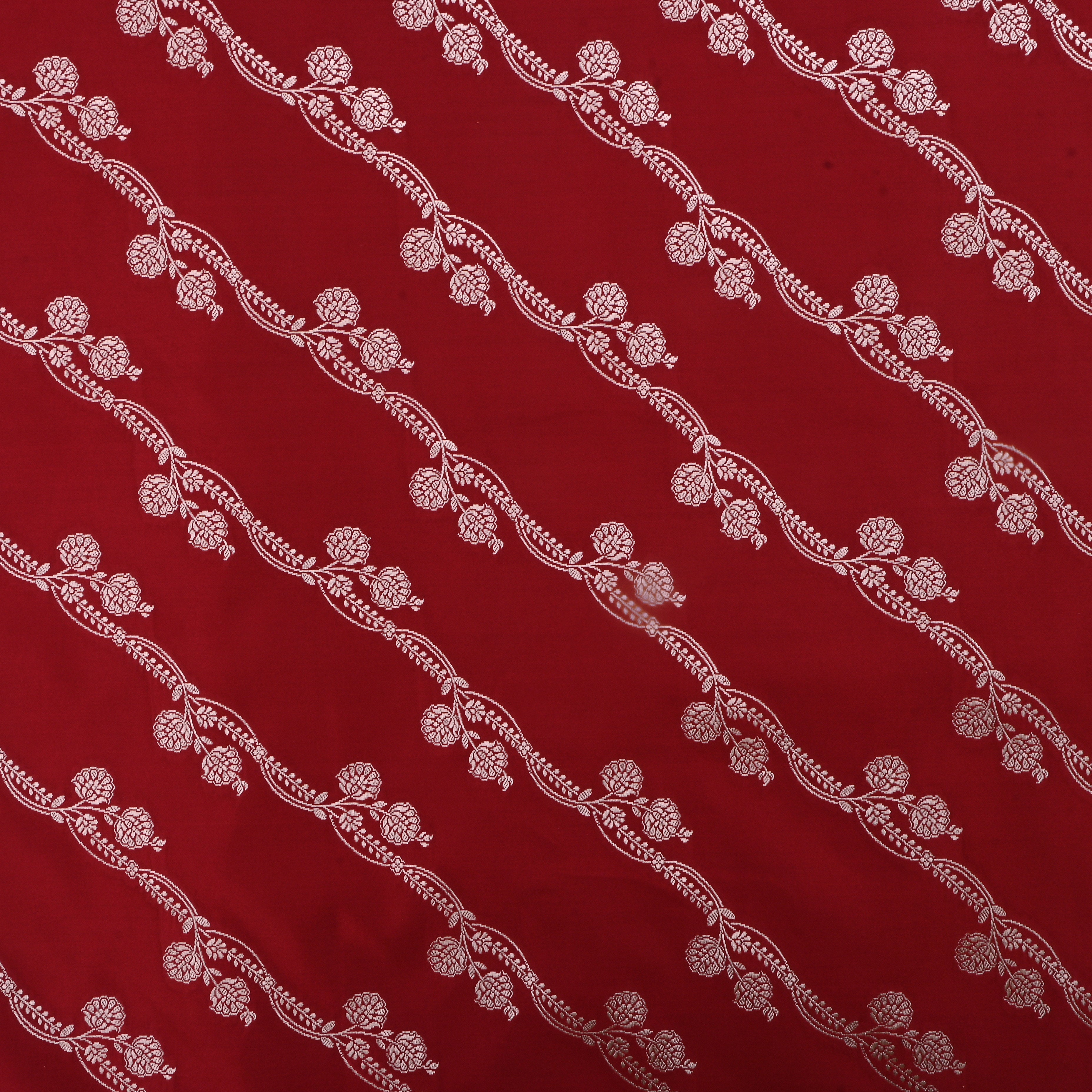 Maroon Jamawar Satin Fabric With Floral Stripes