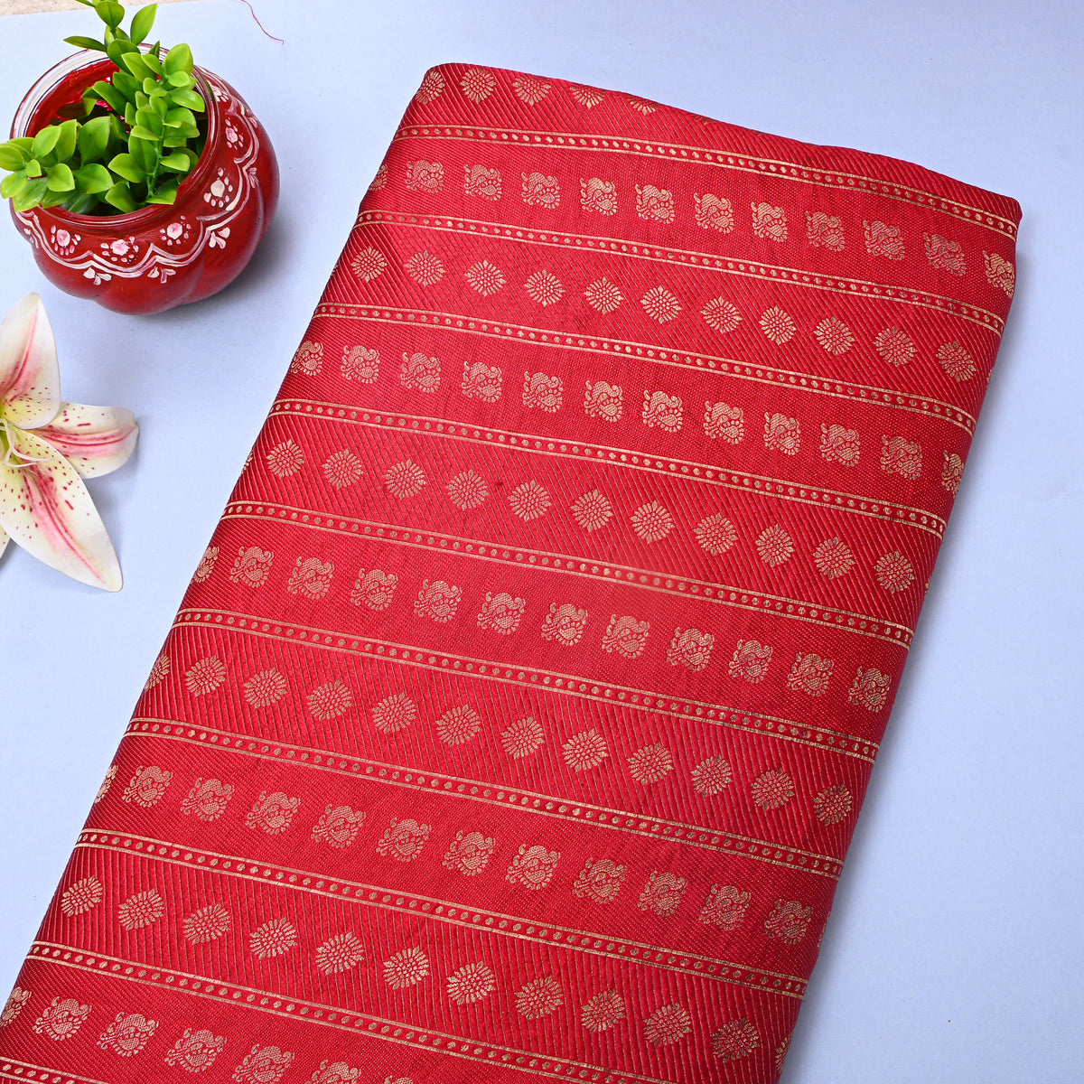 Cherry Pink Gold Zari Peacock Butti Stripe Jamawar Silk Fabric.