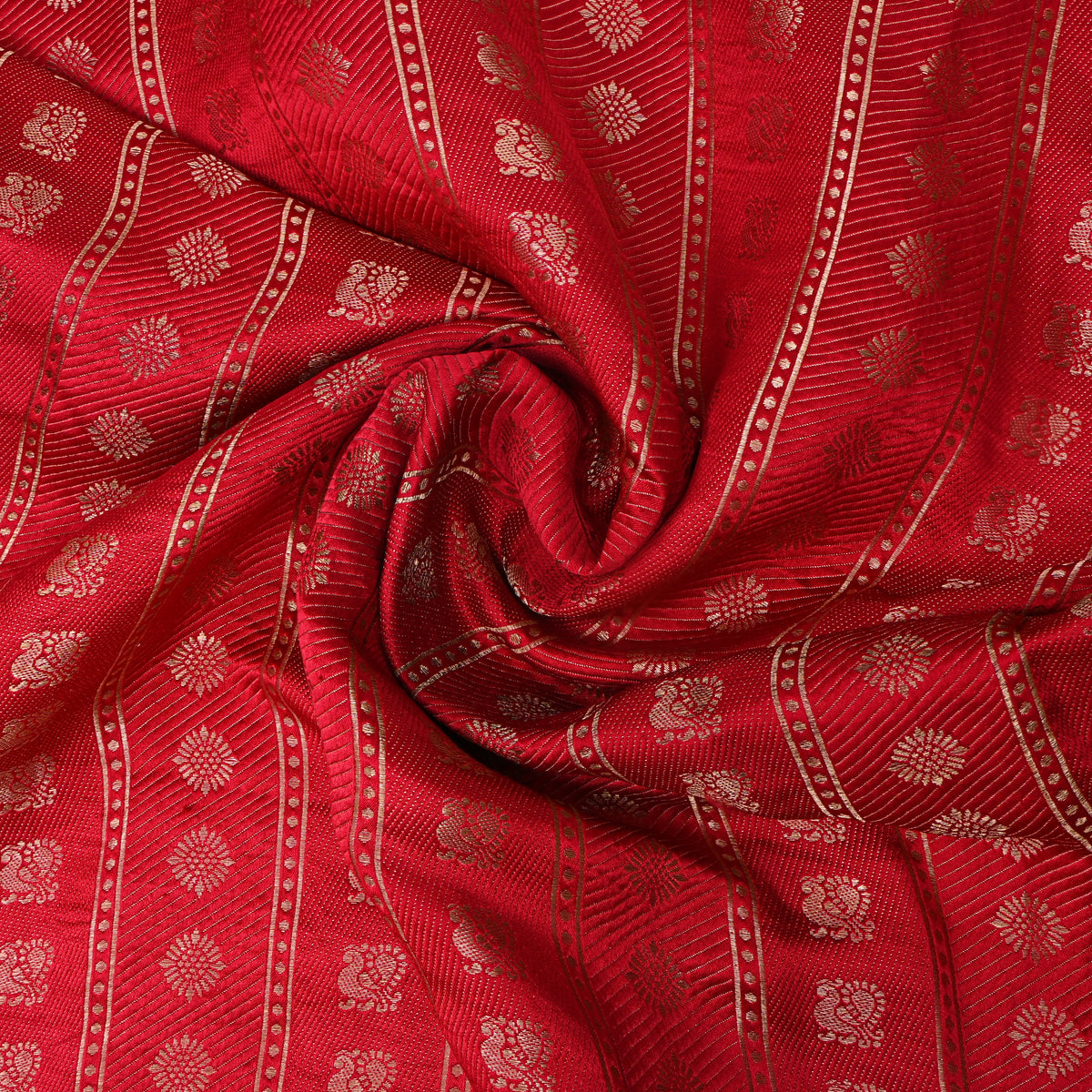 Cherry Pink Gold Zari Peacock Butti Stripe Jamawar Silk Fabric.