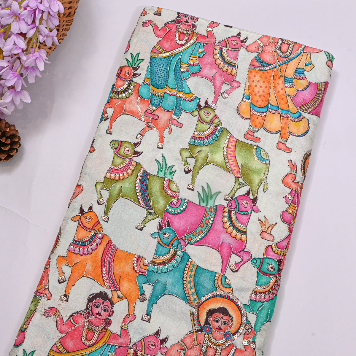 Dove White Kalamkari Pen Hand Painted Sequin Dupion Silk Fabric