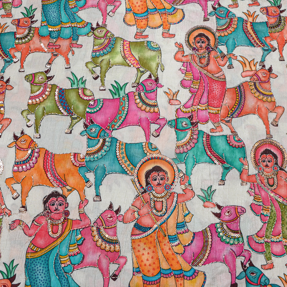 Dove White Kalamkari Pen Hand Painted Sequin Dupion Silk Fabric
