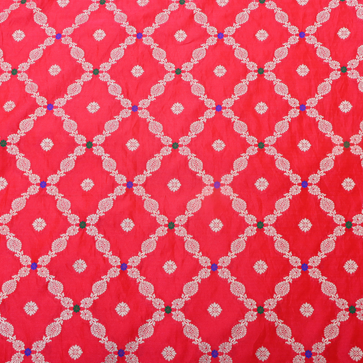 Crimson Red Silver Zari Checked Jamawar Silk Fabric
