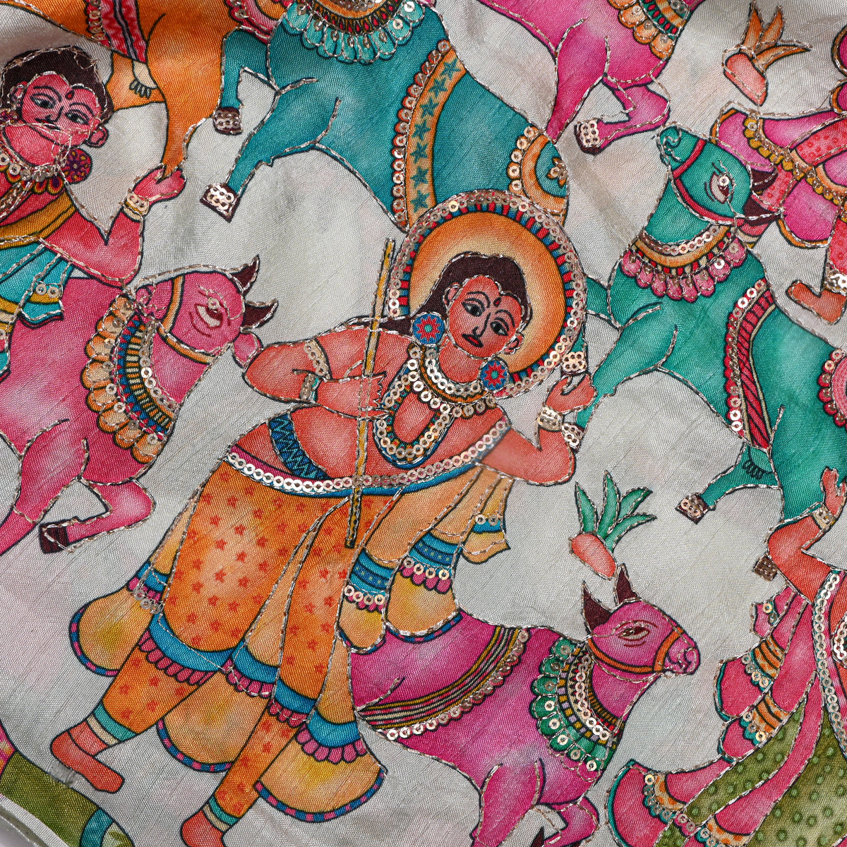 Dove White Kalamkari Pen Hand Painted Sequin Dupion Silk Fabric