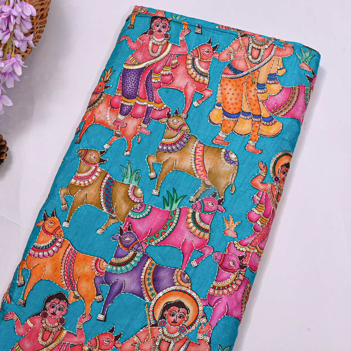 Teal Blue Kalamkari Pen Hand Painted Sequin Dupion Silk Fabric