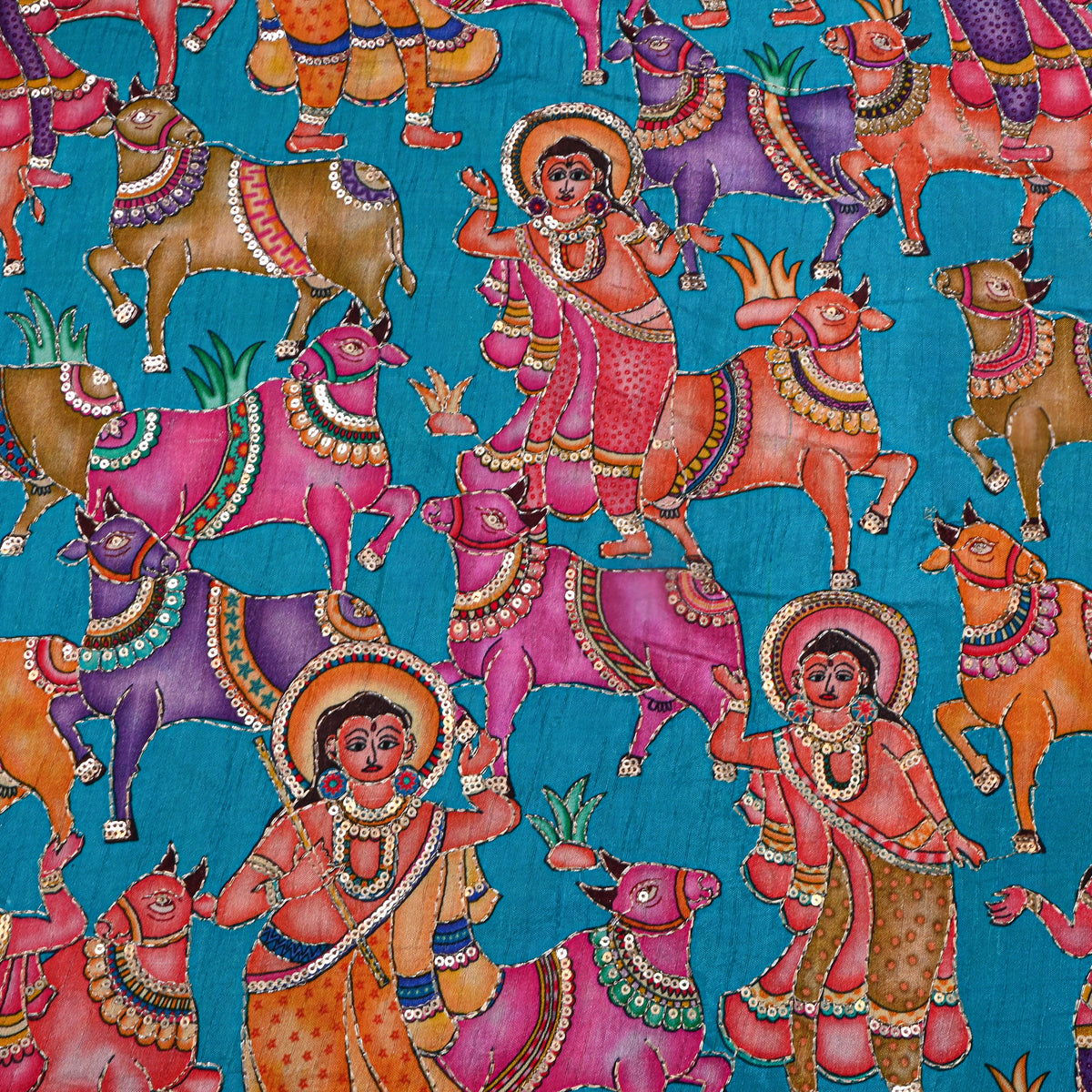 Teal Blue Kalamkari Pen Hand Painted Sequin Dupion Silk Fabric